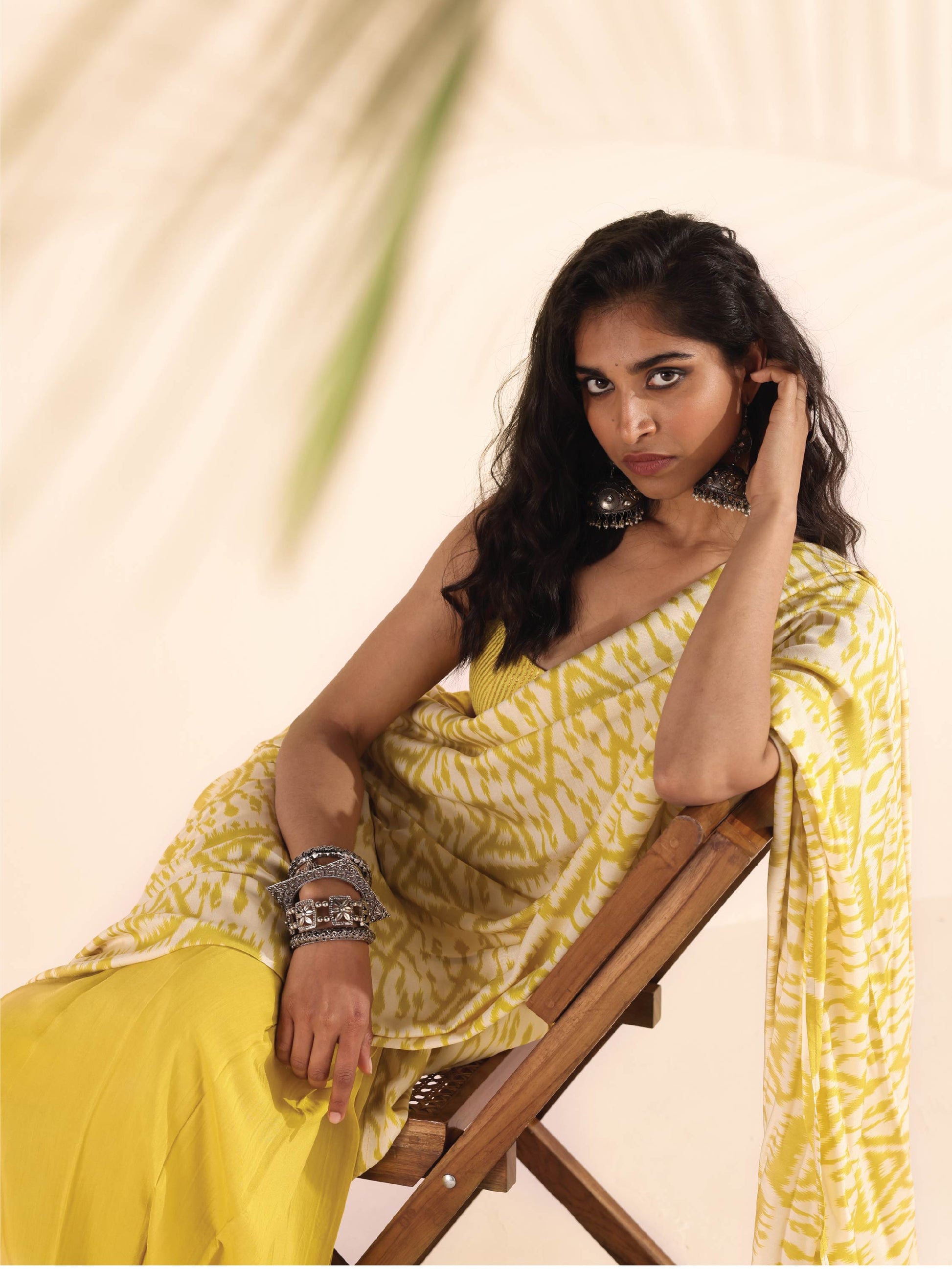 trueBrowns Lime Muslin Ikat Saree | Swadesiicart