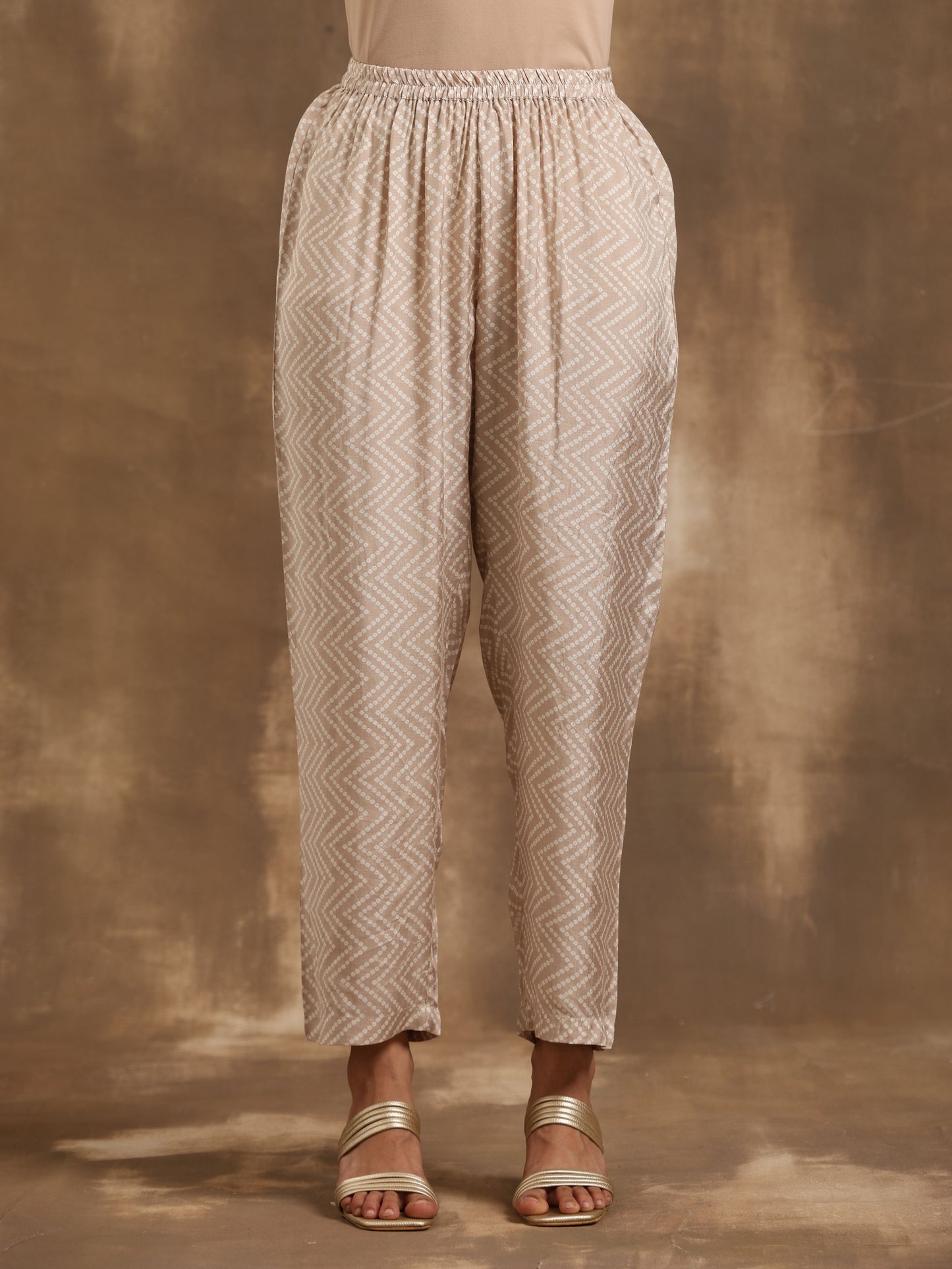 trueBrowns Beige Zig-Zag Print Silk Angrakha Kurta Pant Set | Swadesiicart