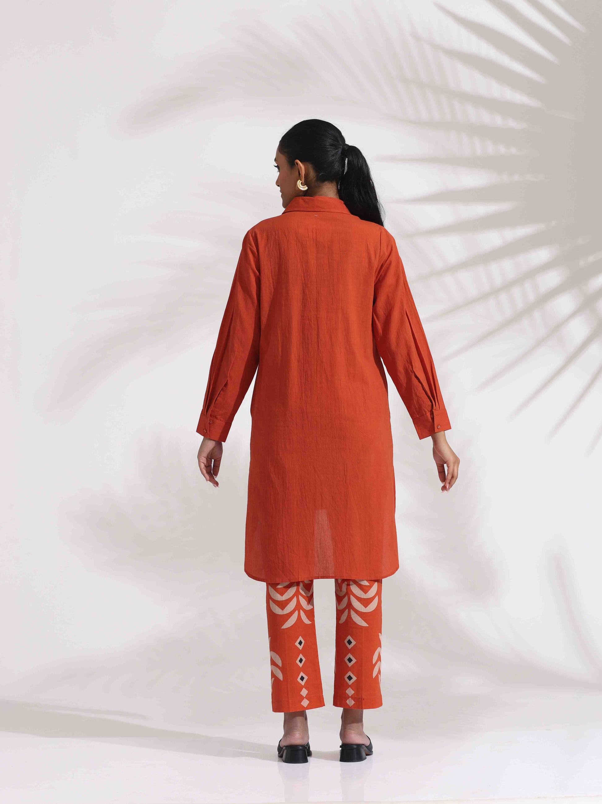 trueBrowns Orange Cotton Solid Shirt Kurta Co-ord Set - Swadesiicart
