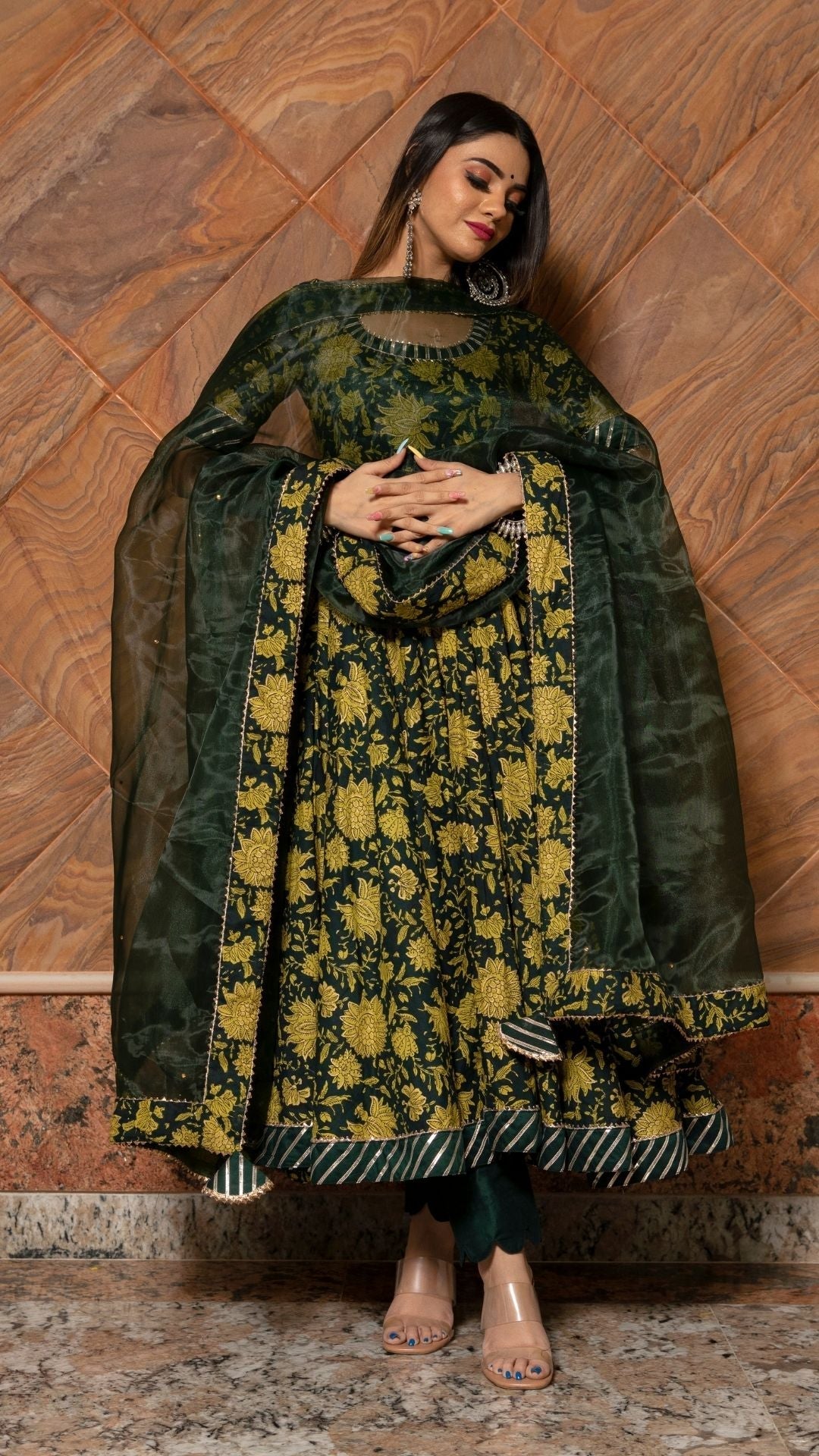 Pomcha Jaipur Idika Green Hand Block Anarkali Set | Swadesiicart
