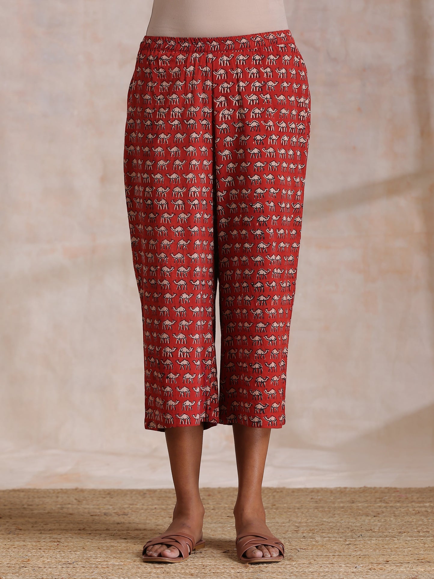 trueBrowns Rust Red Bagru Camel Print Cotton High-Low Co-Ord Set - Swadesiicart