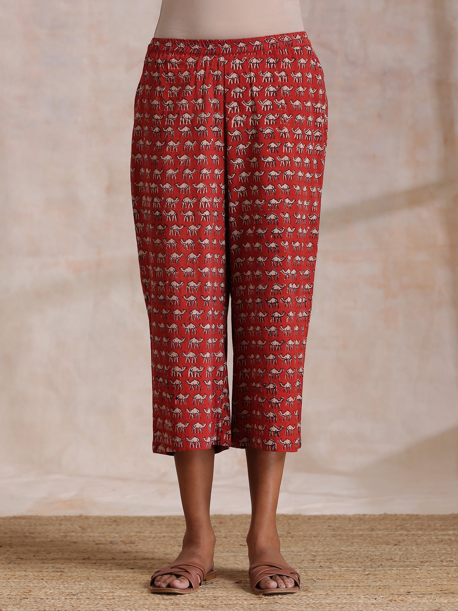 trueBrowns Rust Red Bagru Camel Print Cotton High-Low Co-Ord Set - Swadesiicart