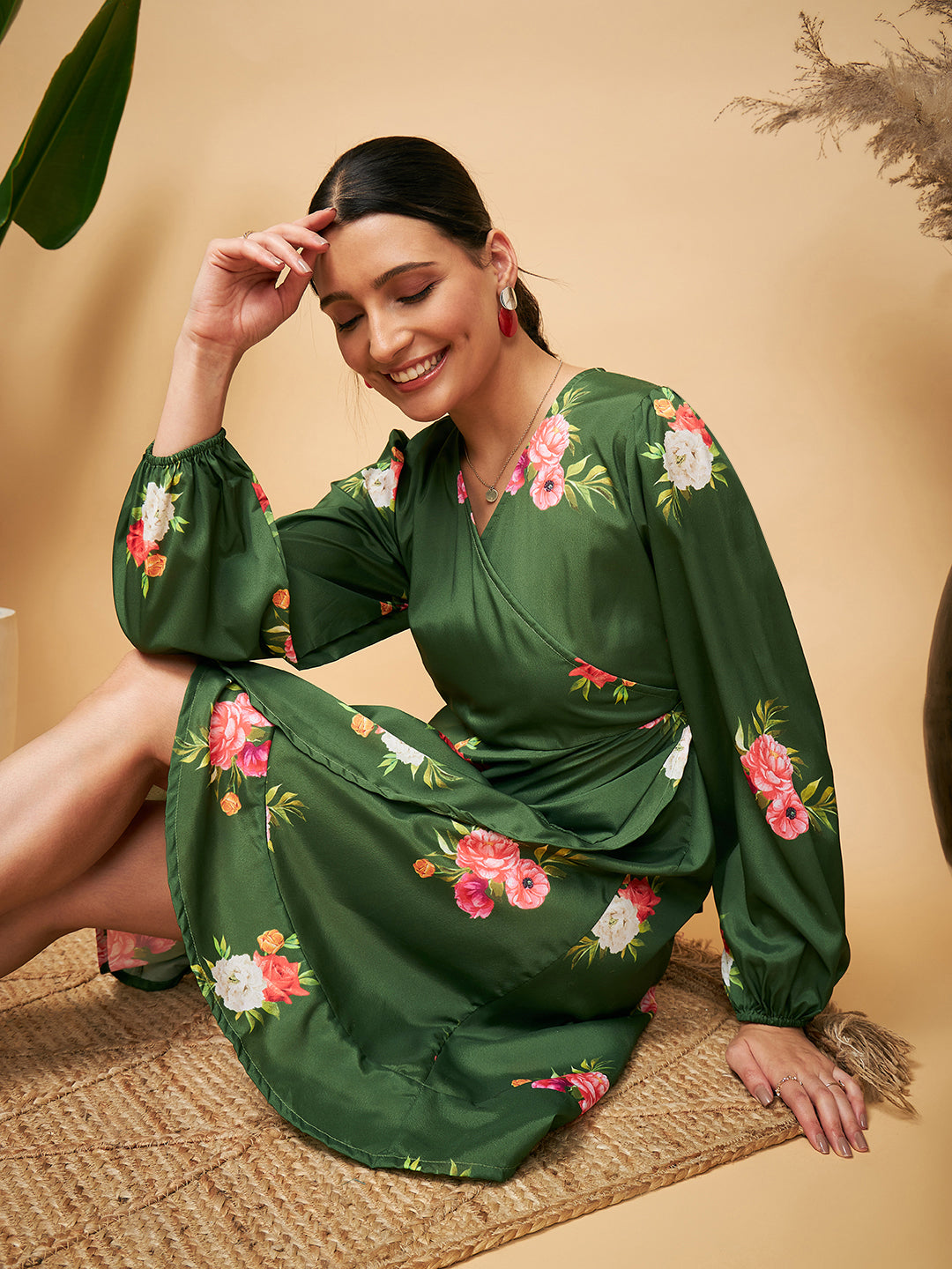 InWeave Women's Green Small Flower Belted Dress - Swadesiicart