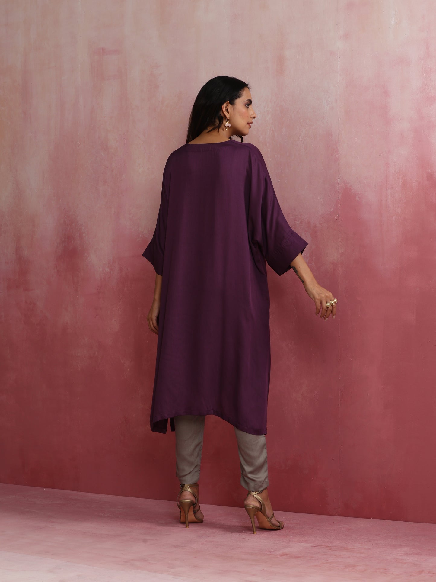 trueBrowns Purple Modal Kimono Kurta Set | Swadesiicart