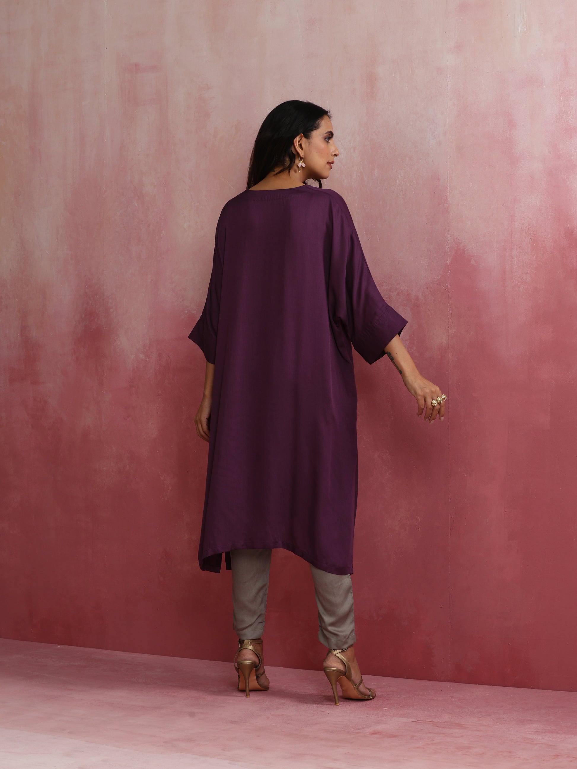 trueBrowns Purple Modal Kimono Kurta Set | Swadesiicart