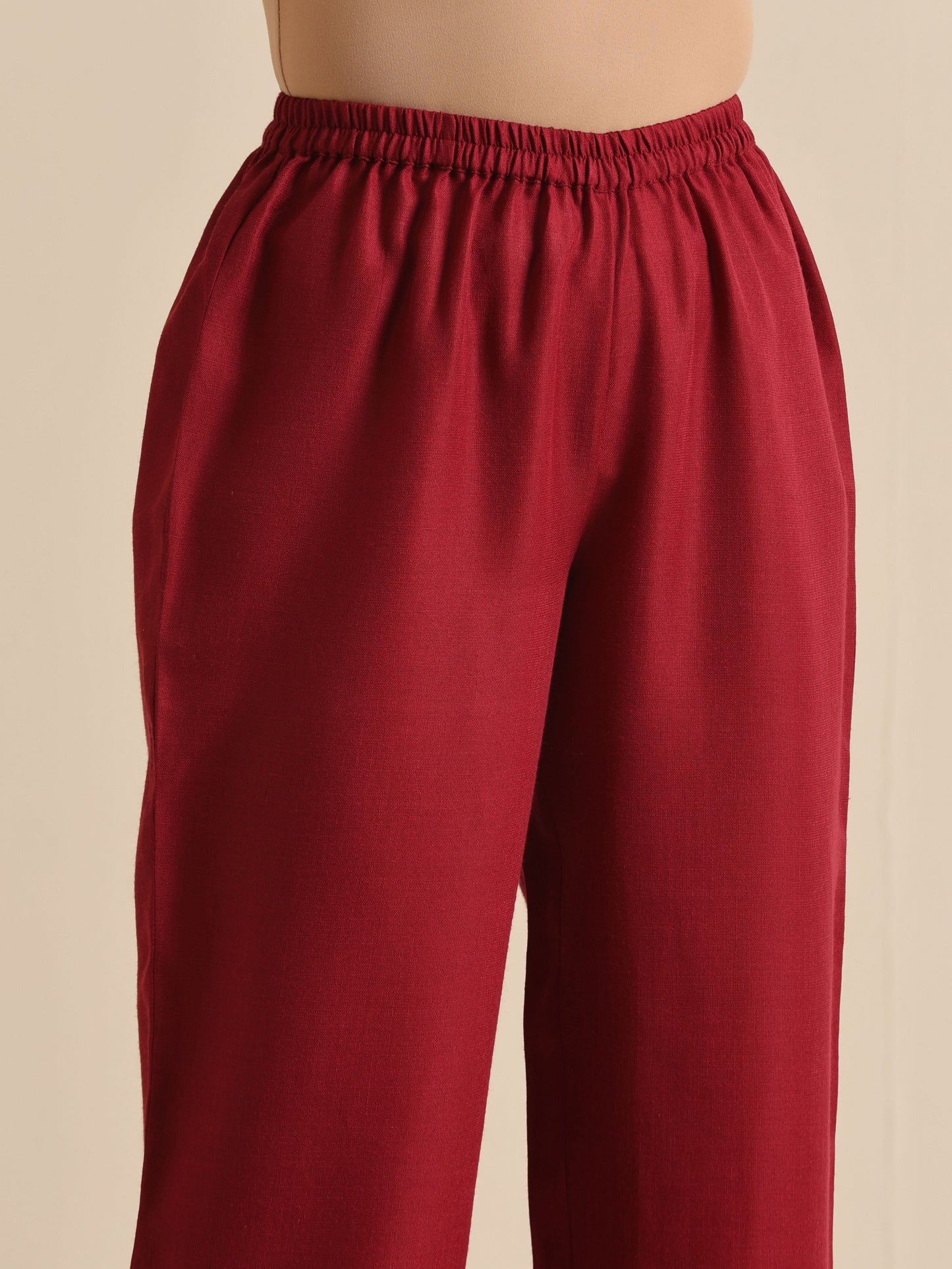 trueBrowns Maroon Slub Gathered Kurta Pant Set | Swadesiicart
