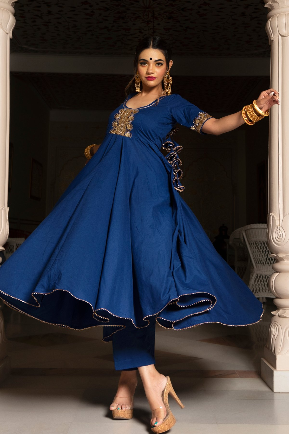 Pomcha Jaipur Minakari Blue Anarkali Set | Swadesiicart