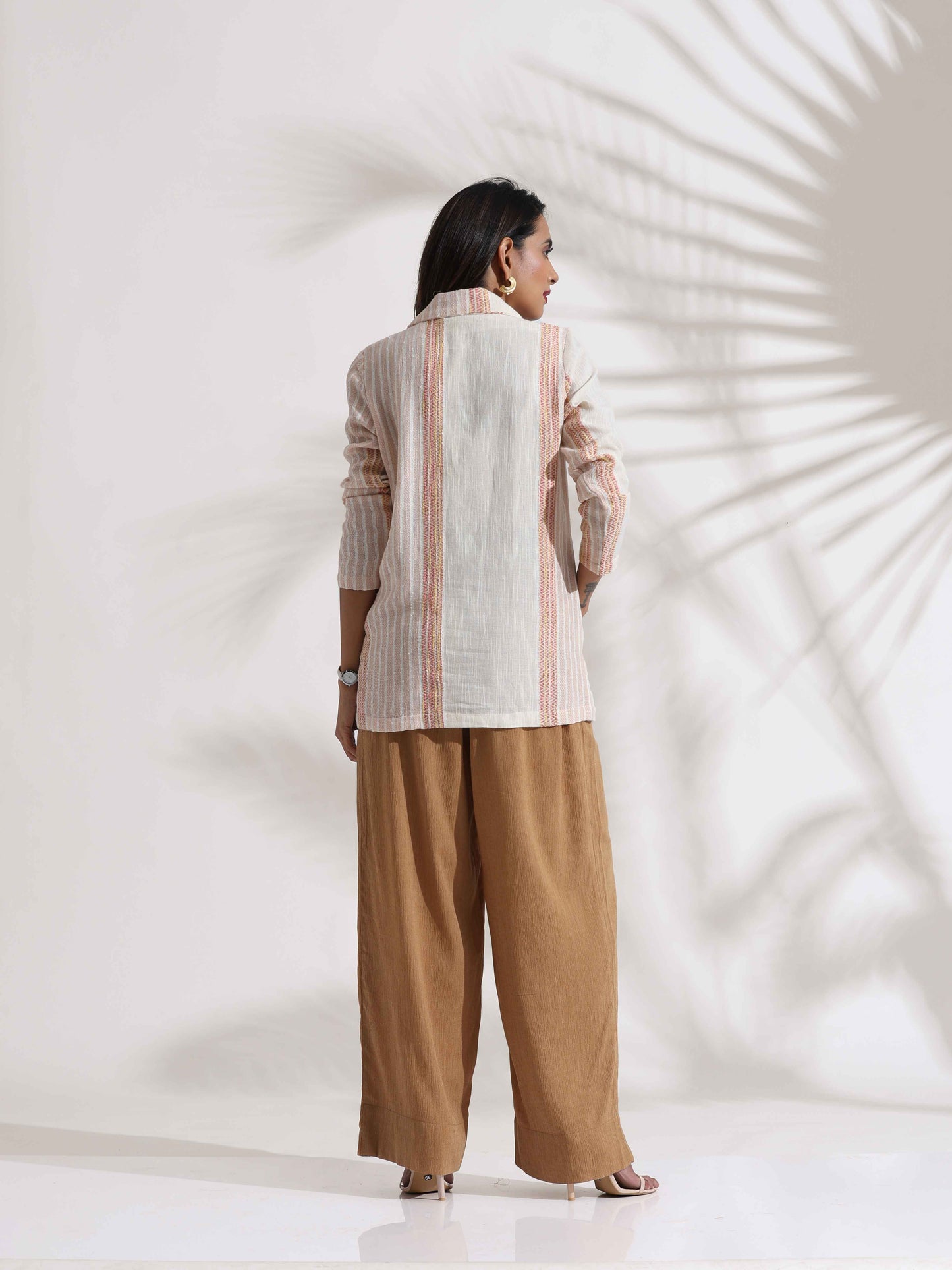 trueBrowns Beige Cotton Stripe Jacket Top Co-ord Set - Swadesiicart