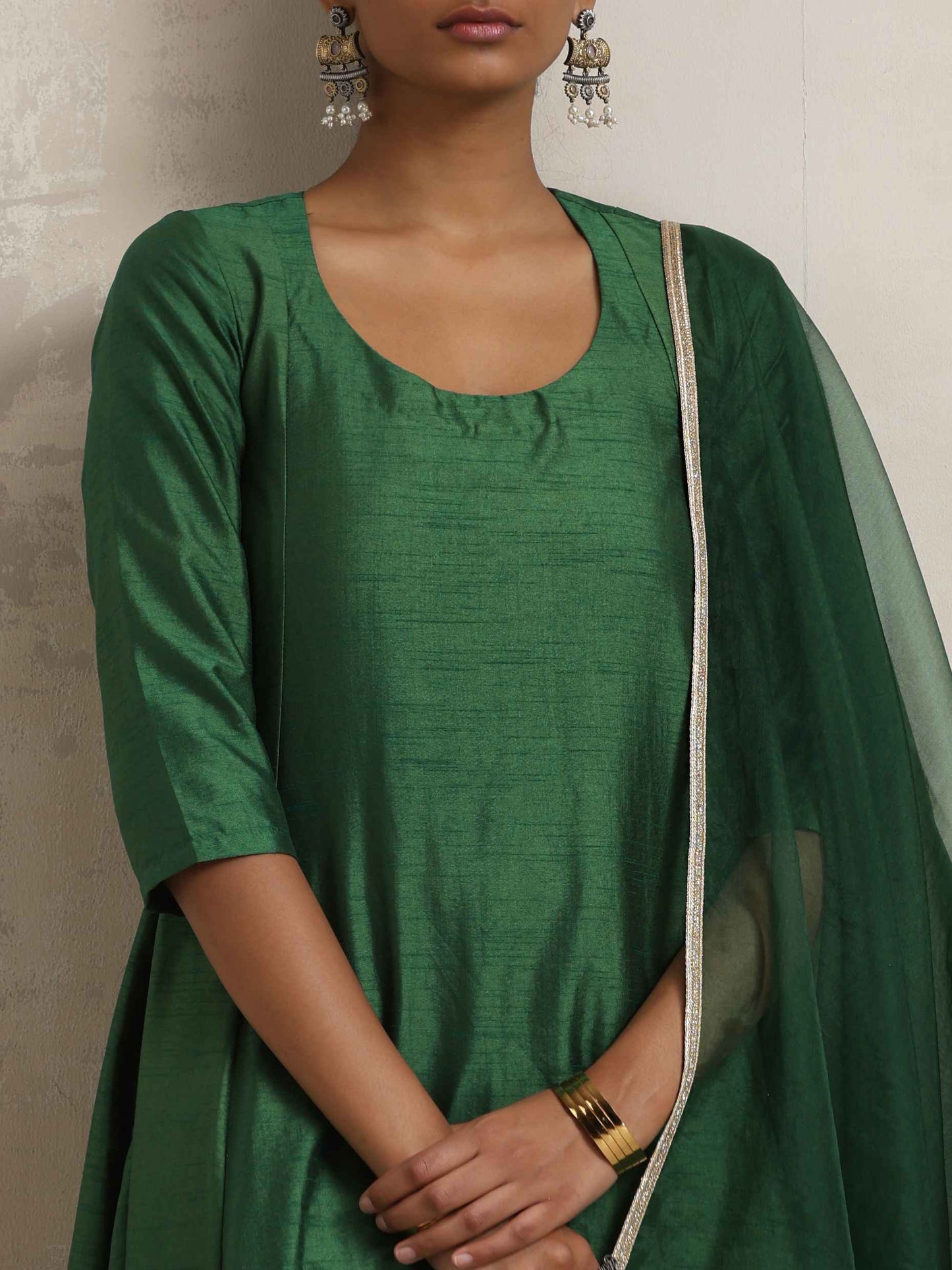 trueBrowns Dark Green Anarkali Kurta Pant Dupatta Set | Swadesiicart