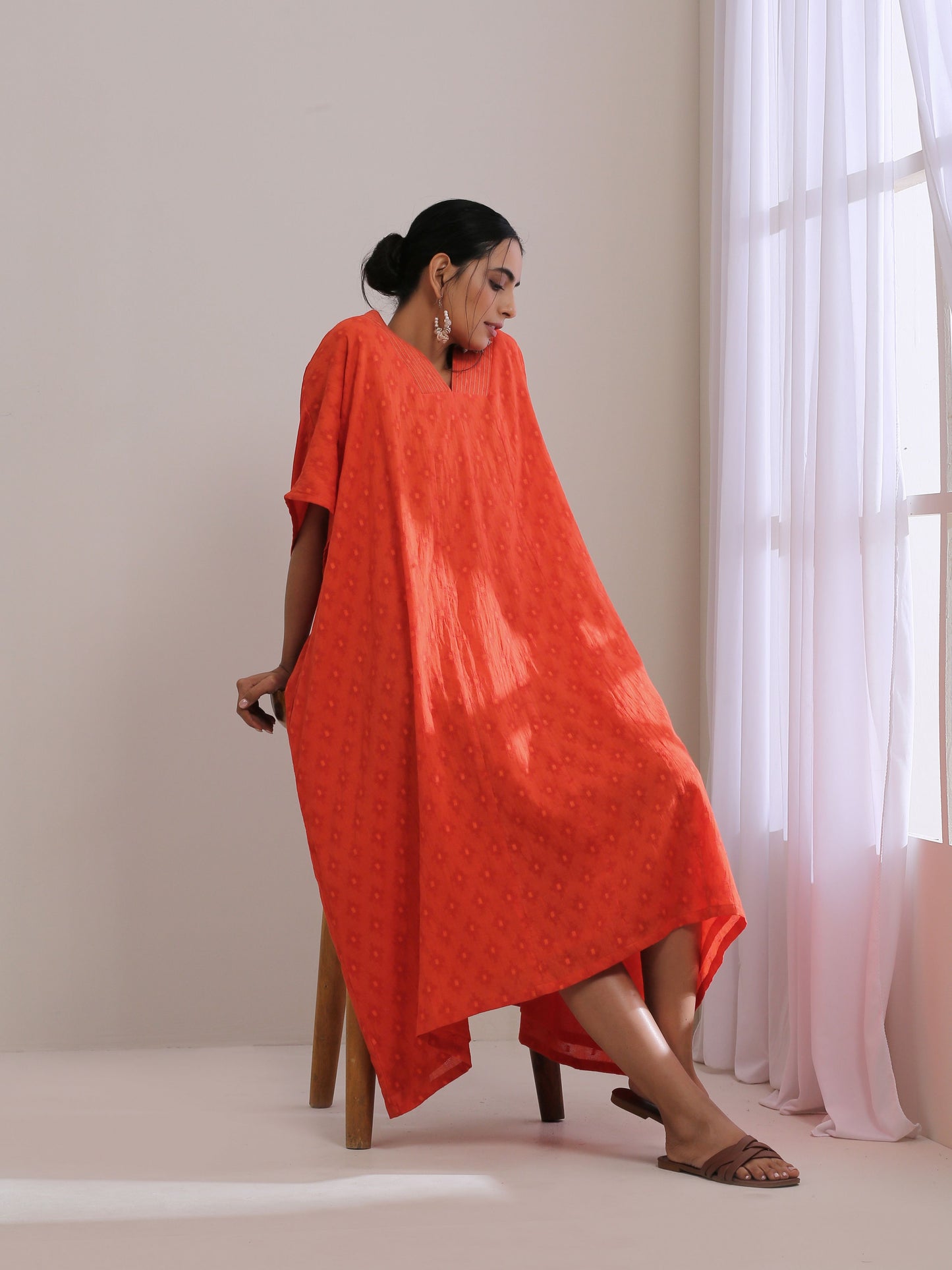 trueBrowns Orange Dobby Panel Kaftan Dress | Swadesiicart