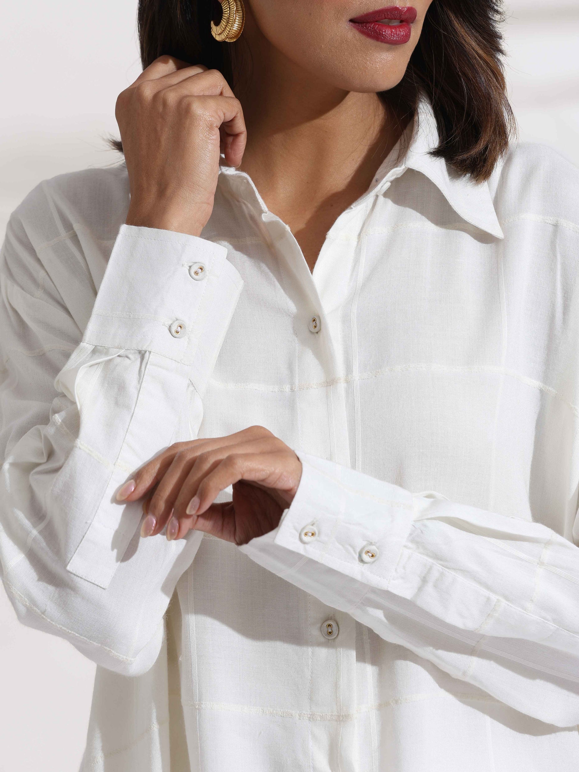 trueBrowns White Cotton Check Shirt Co-ord Set - Swadesiicart