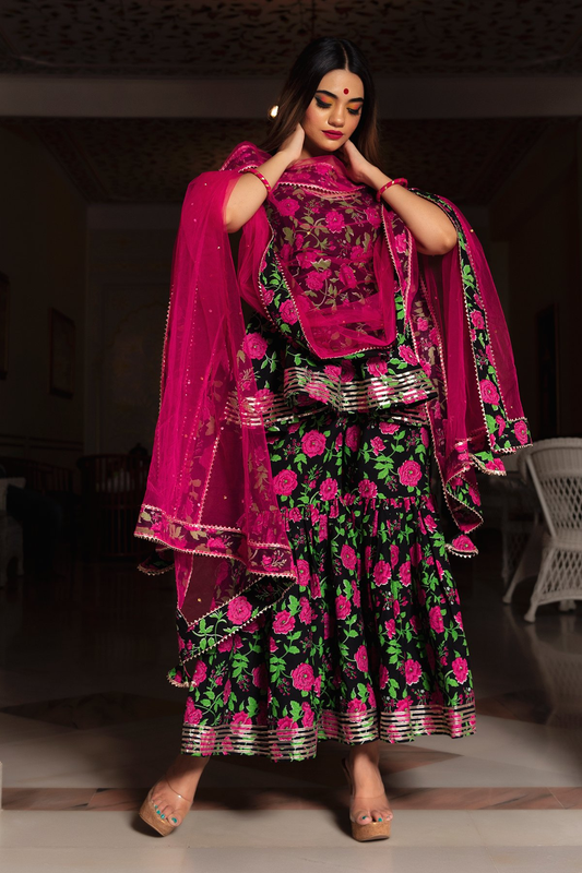 Pomcha Jaipur Gulmohar Cotton Hand Block Sharara Set | Swadesiicart