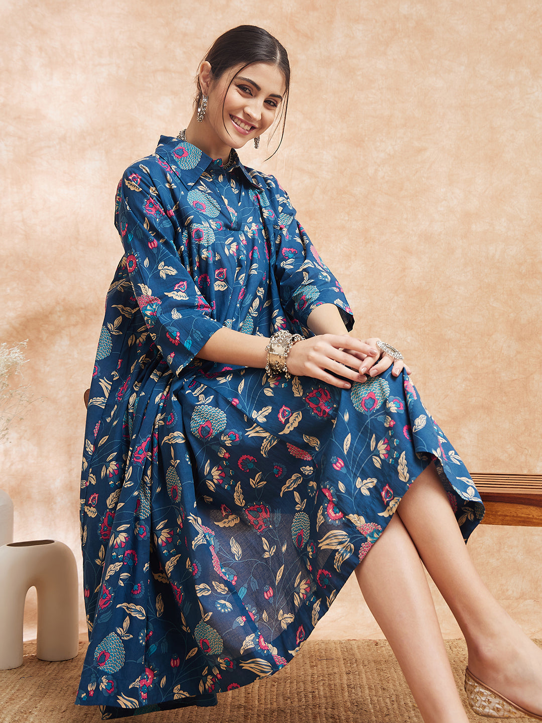 InWeave Women's Blue Pink Kalamkari Flared Dress - Swadesiicart