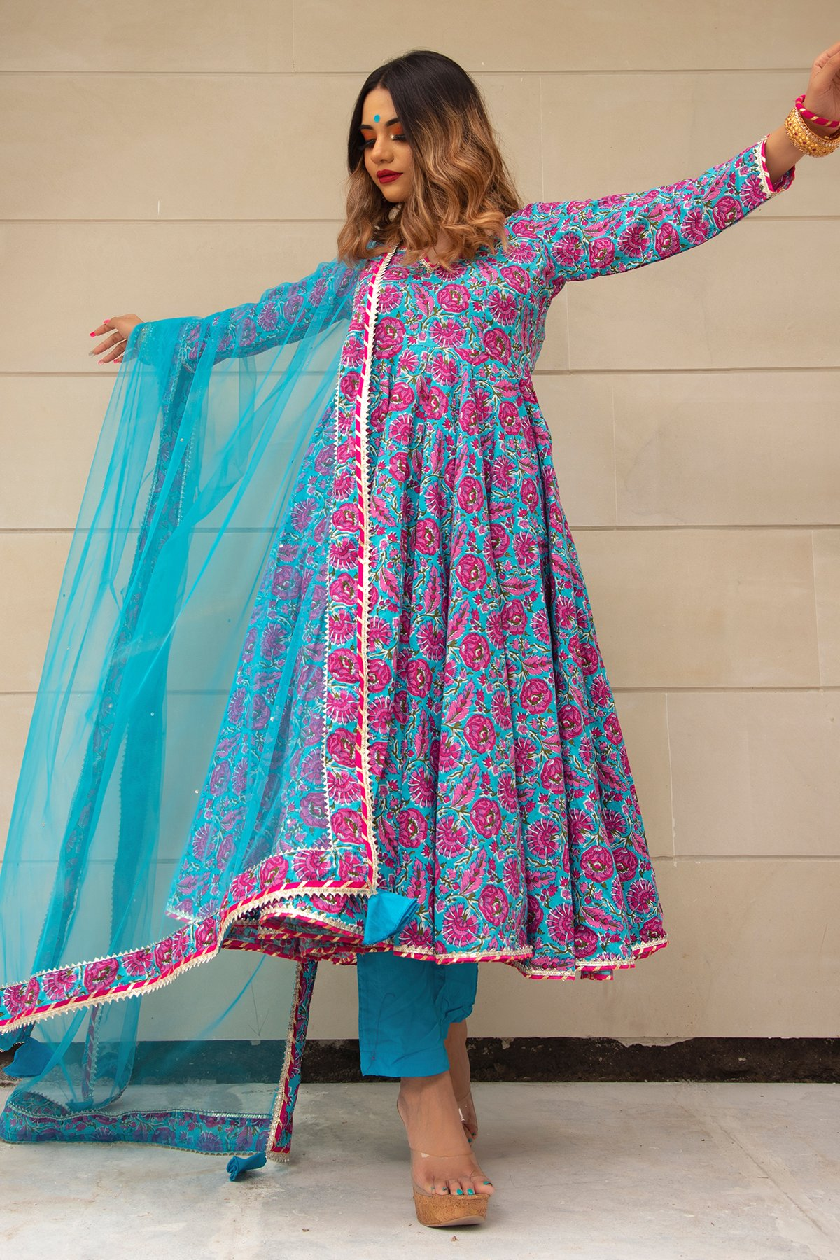 Pomcha Jaipur Chitra Hand Block Cotton Anarkali Set | Swadesiicart