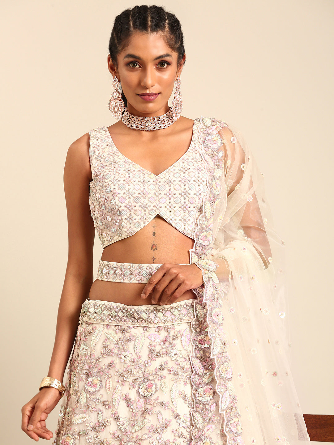 House of Panchhi Cream Net Multi Sequins with heavy Zarkan embroidery Lehenga choli & Dupatta | Swadesiicart