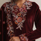 trueBrowns Maroon Velvet Floral Embroidered Kurta Pant Dupatta Set | Swadesiicart