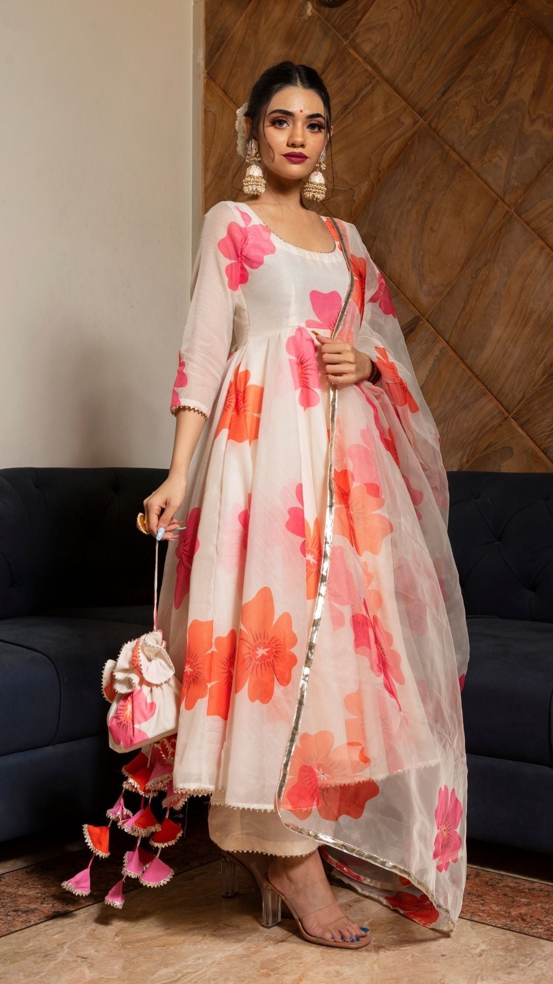 Pomcha Jaipur Carnation Off White Anarkali Set | Swadesiicart