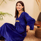 InWeave Women's Royal Blue V Neck Asymmetrical Pleated Velvet Kurta Set - Swadesiicart