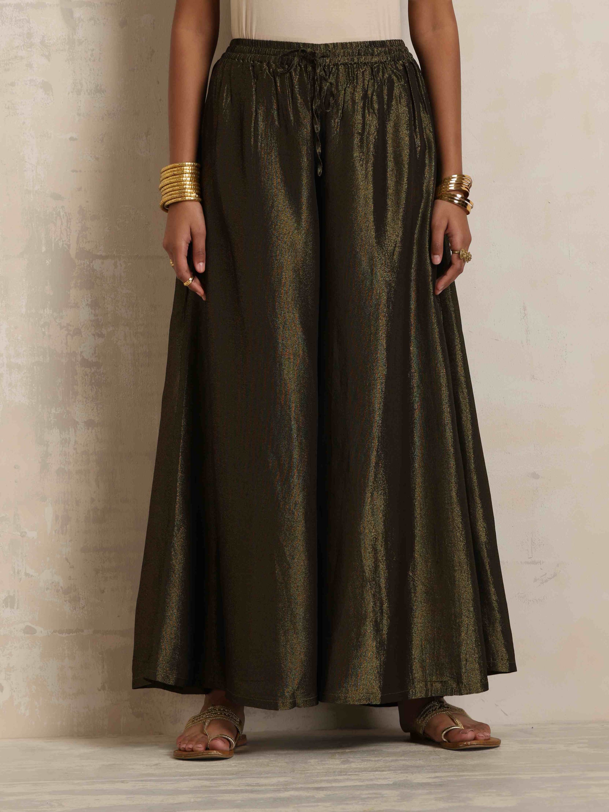 trueBrowns Olive Green Tissue Sharara Set | Swadesiicart