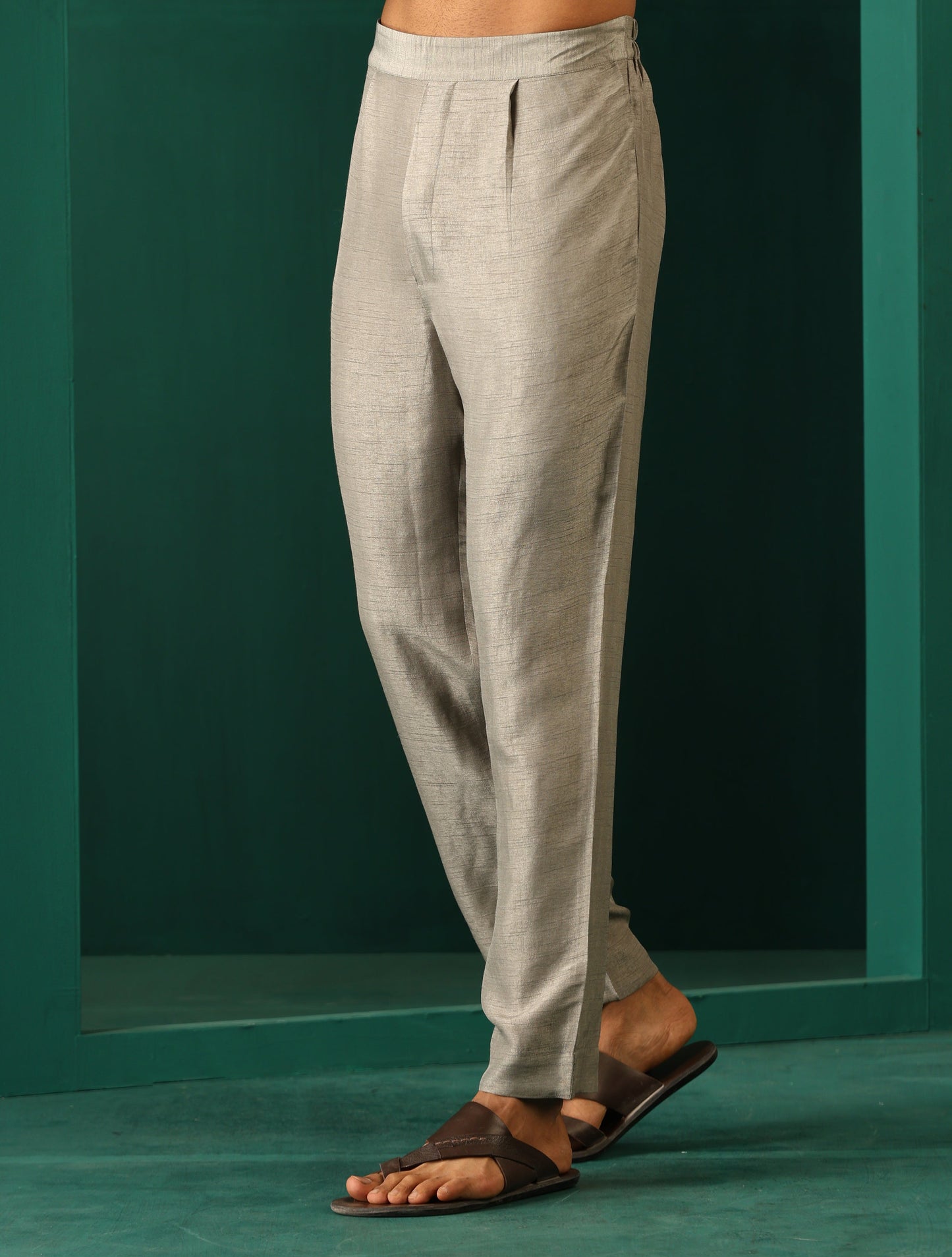 trueBrowns Men's Grey Silk Co-ord Set Yoke Detail - Swadesiicart