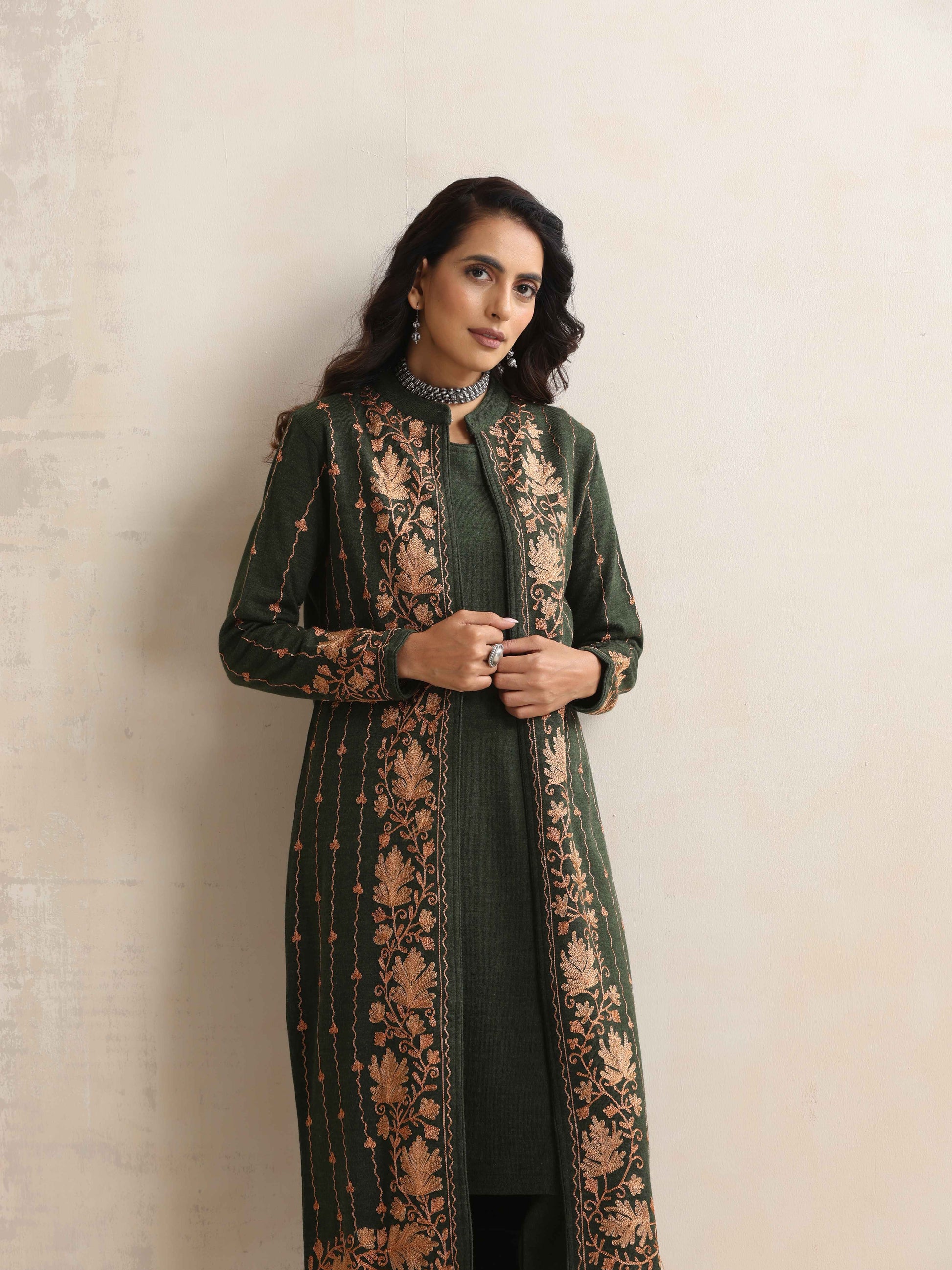 trueBrowns Green Kashmiri Woollen Jacket 3pc Set | Swadesiicart