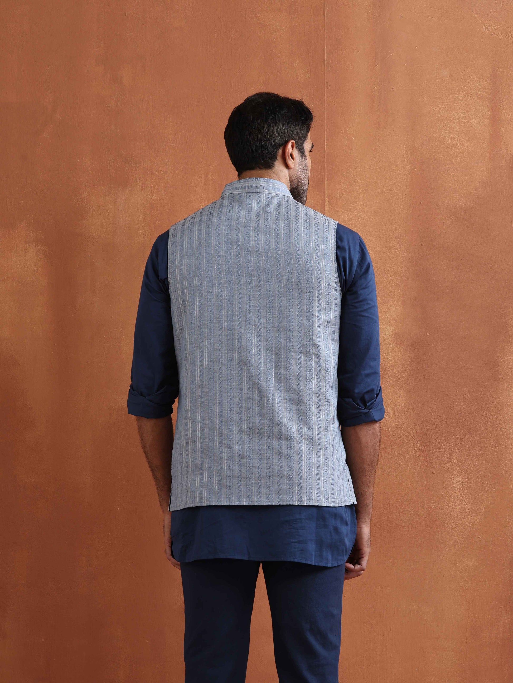 trueBrowns Men's Blue Chanderi Reversible Nehru Jacket | Swadesiicart