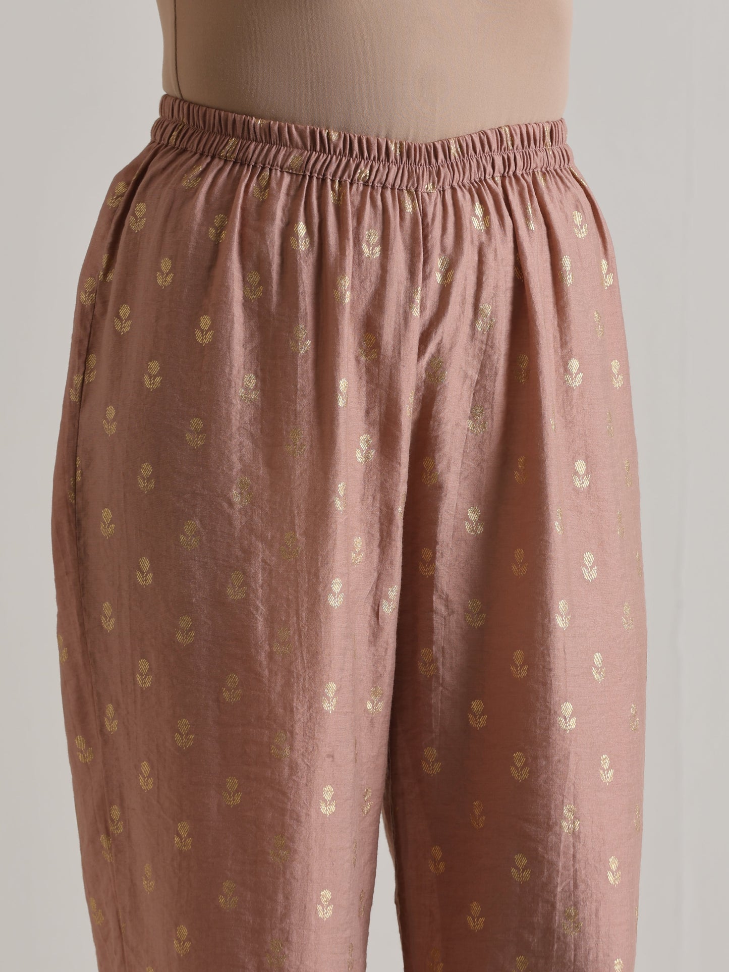 trueBrowns Beige Foil Puff Sleeve Kurta Set | Swadesiicart