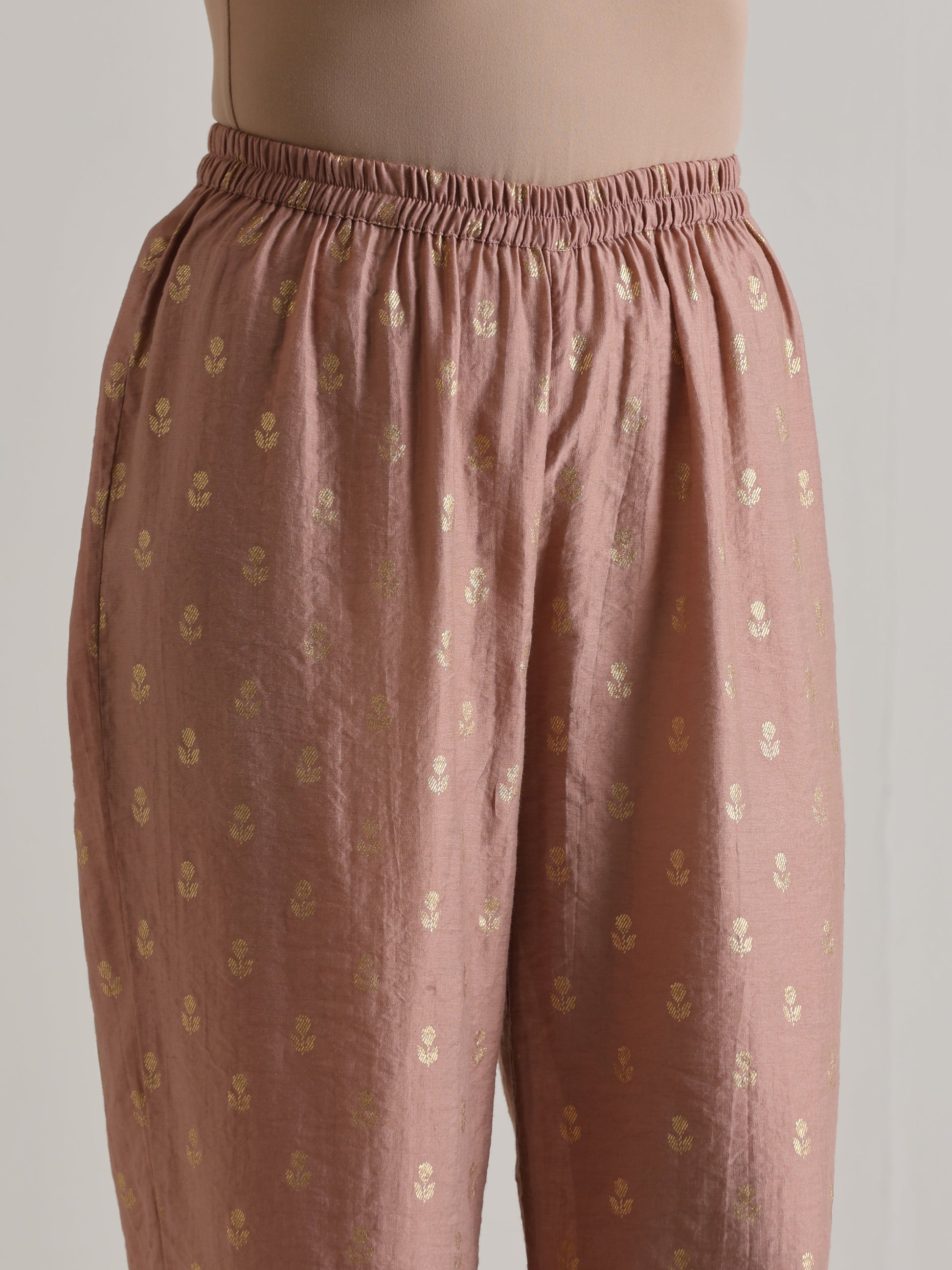 trueBrowns Beige Foil Puff Sleeve Kurta Set | Swadesiicart