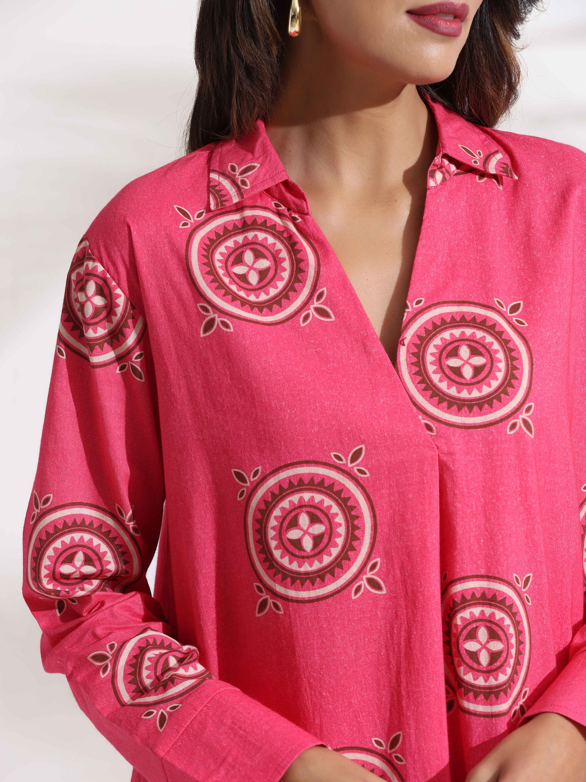 trueBrowns Pink Cotton Print A-line Dress | Swadesiicart