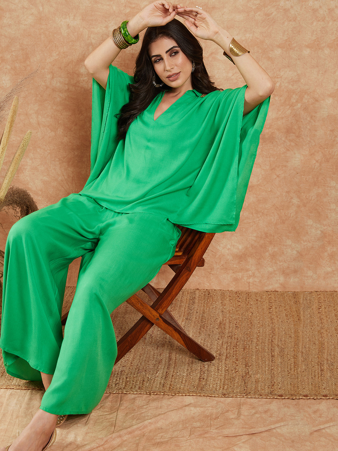 InWeave Women's Parrot Green Solid Collar Neck Boho Top Bottom Set - Swadesiicart