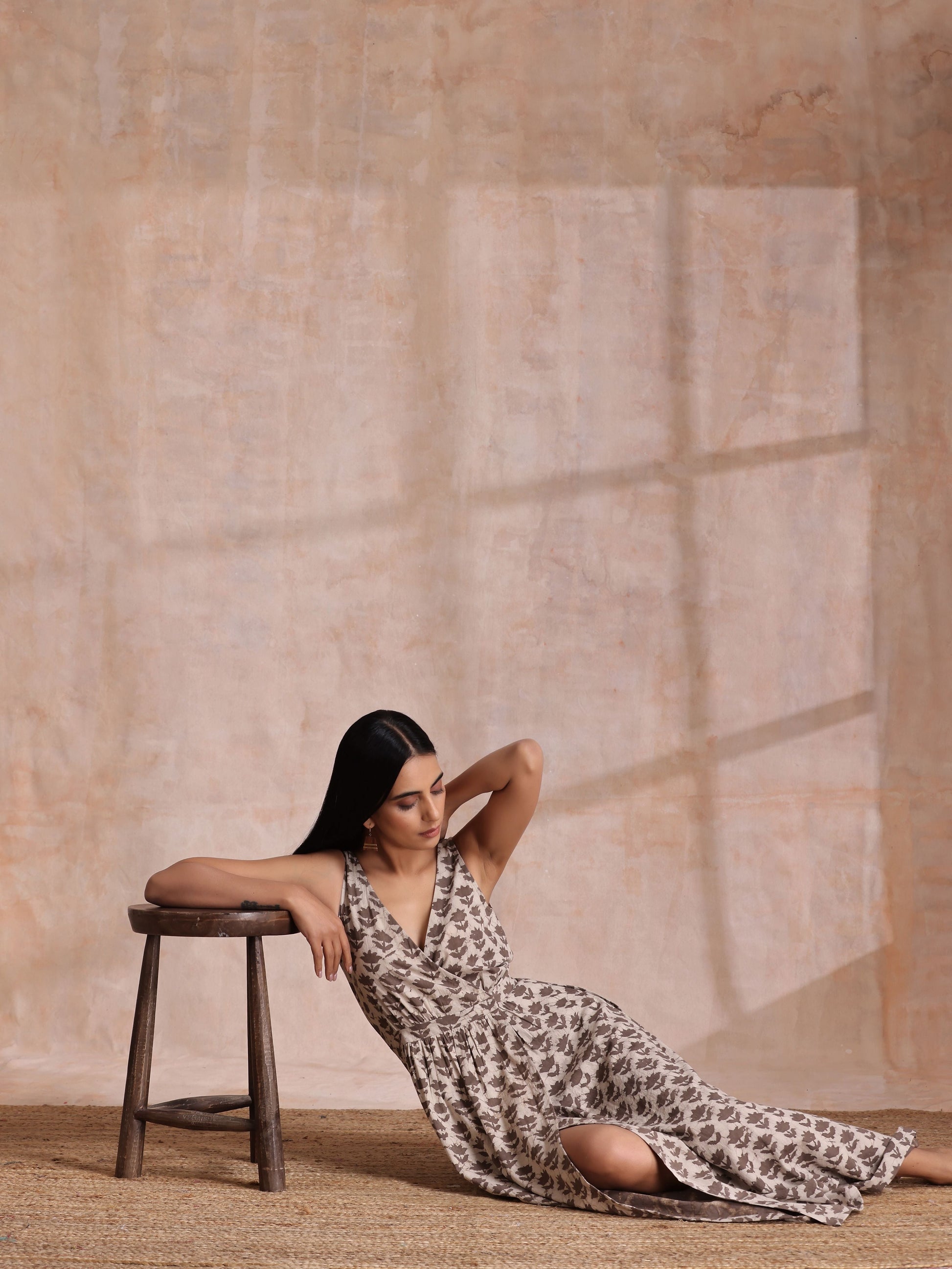 trueBrowns Clay Dabu Buta Print Cotton Sleeveless Wrap Dress | Swadesiicart