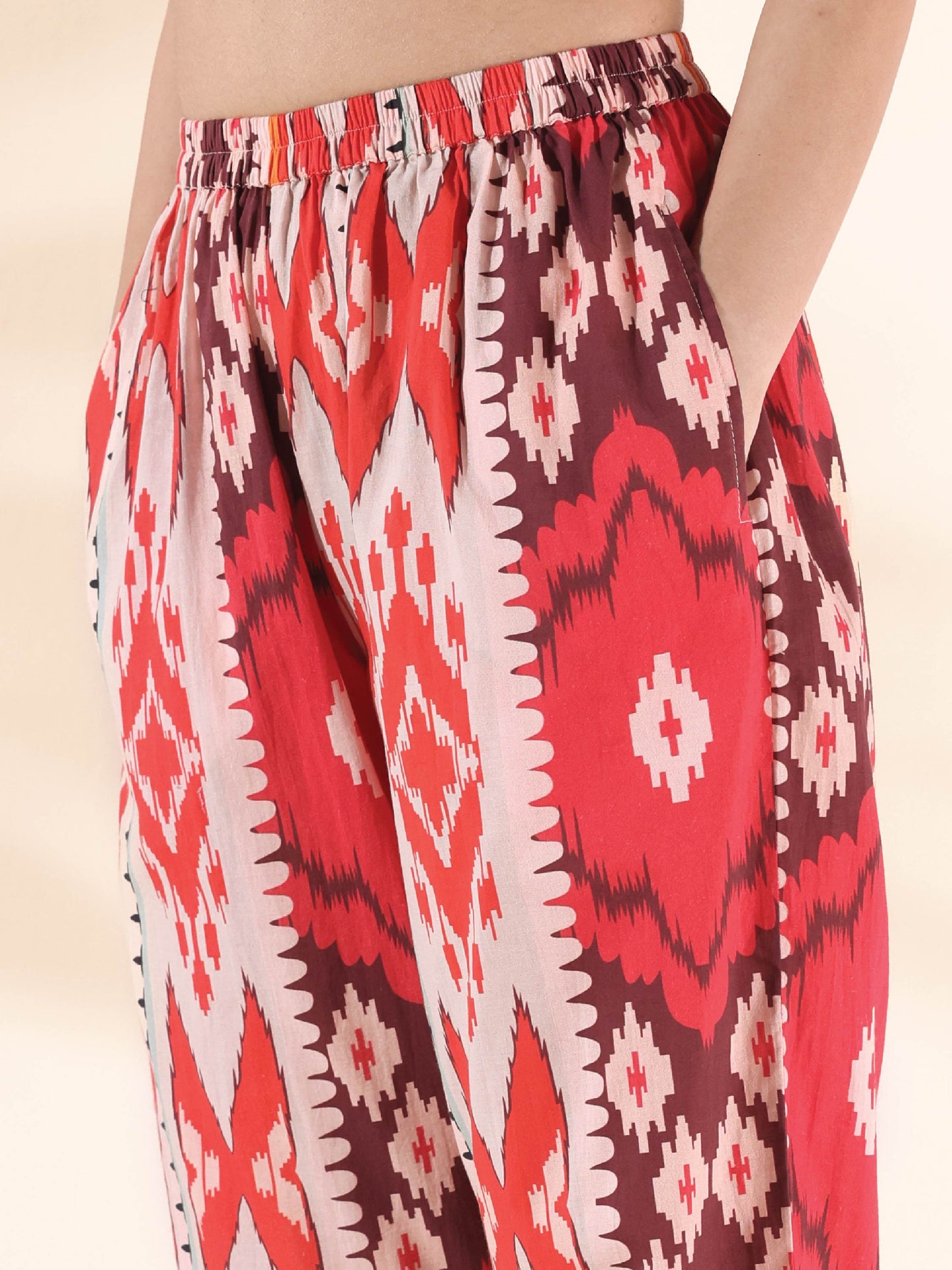 trueBrowns Maroon Cotton Ikat Flared Co-ord Set - Swadesiicart