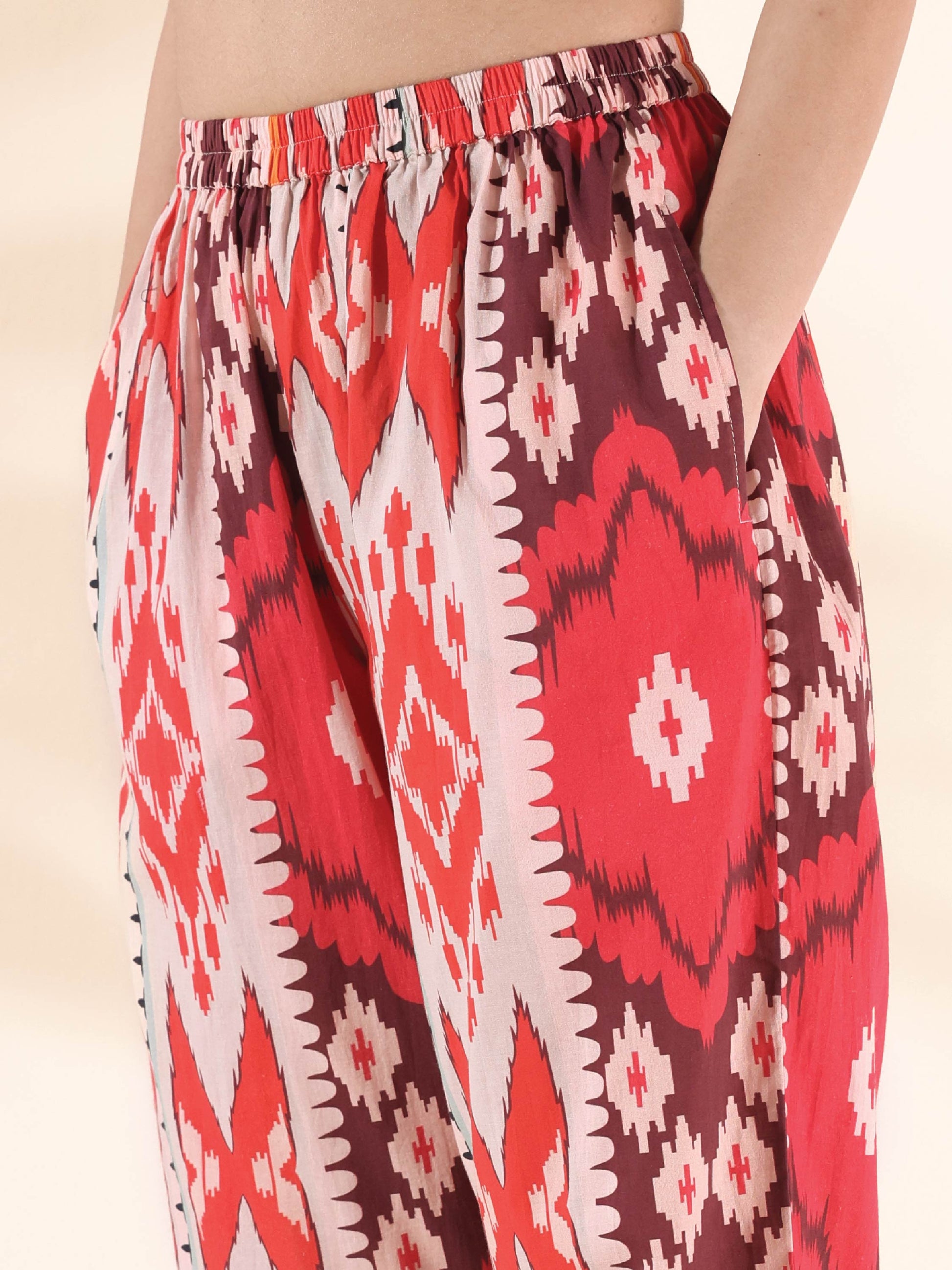 trueBrowns Maroon Cotton Ikat Flared Co-ord Set - Swadesiicart