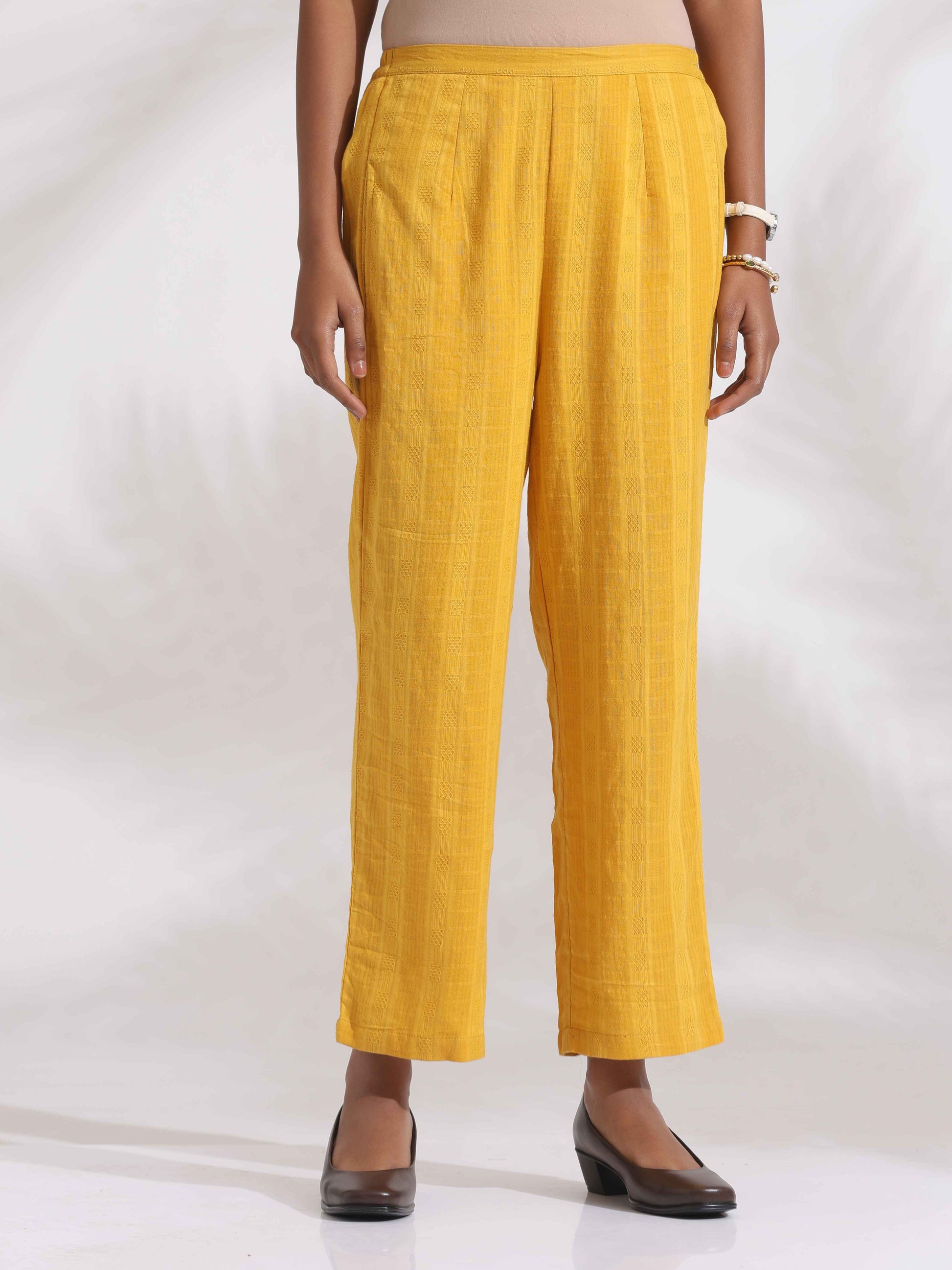 trueBrowns Yellow Cotton Pleated Shirt Kurta Set | Swadesiicart
