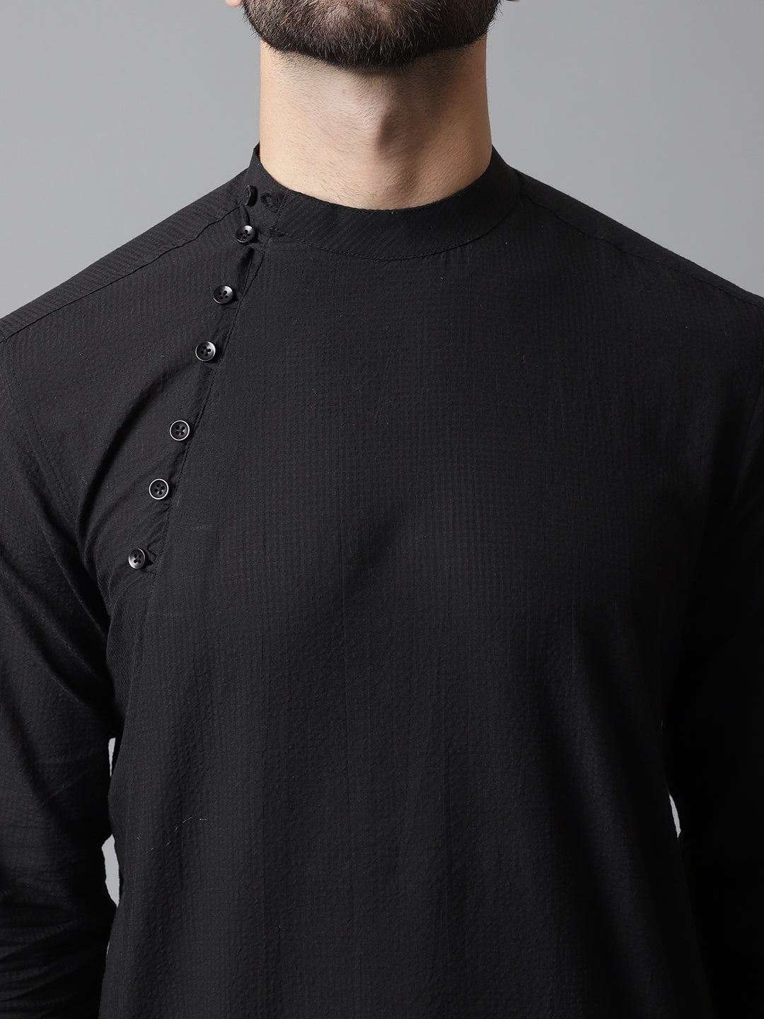 Even Apparels Black Pure Cotton Kurta With Band Collar | Swadesiicart