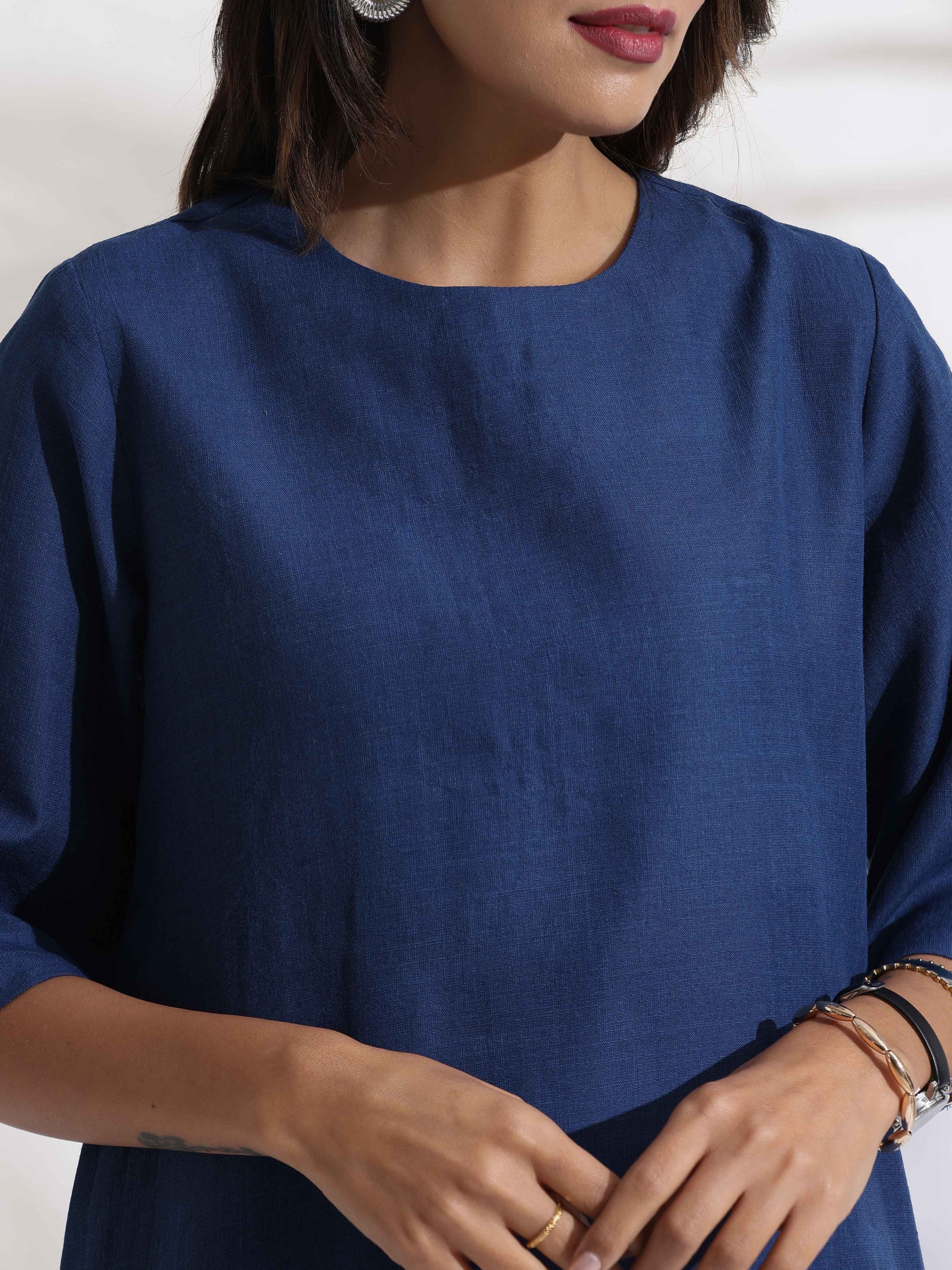 trueBrowns Blue Slub Dress | Swadesiicart