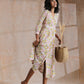 trueBrowns Pink Yellow Floral On White Block Print Cotton Wrap Dress | Swadesiicart