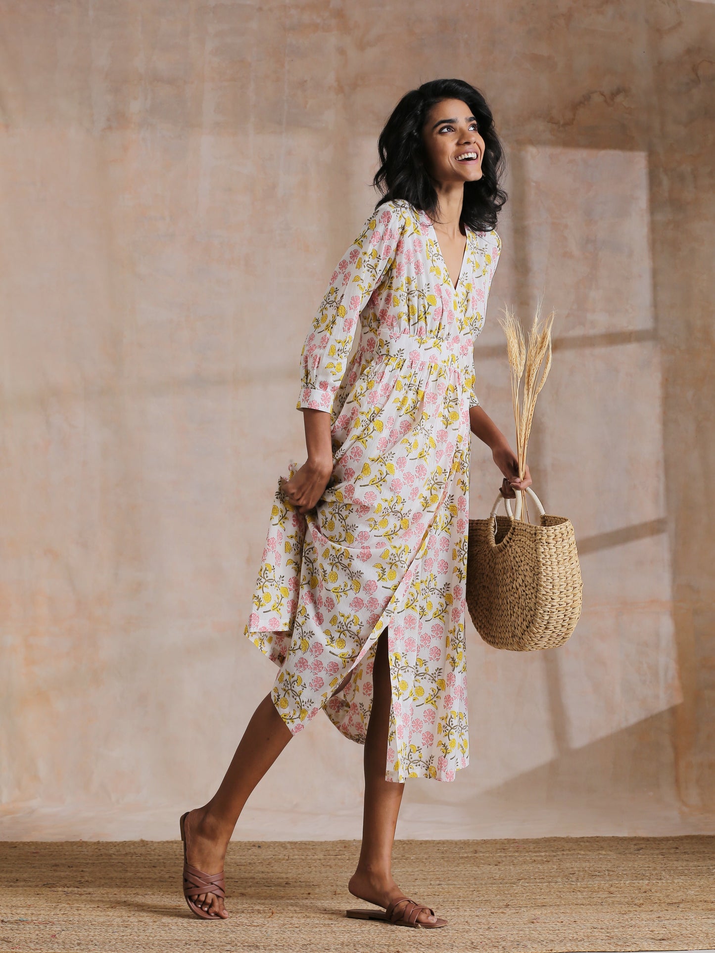 trueBrowns Pink Yellow Floral On White Block Print Cotton Wrap Dress | Swadesiicart
