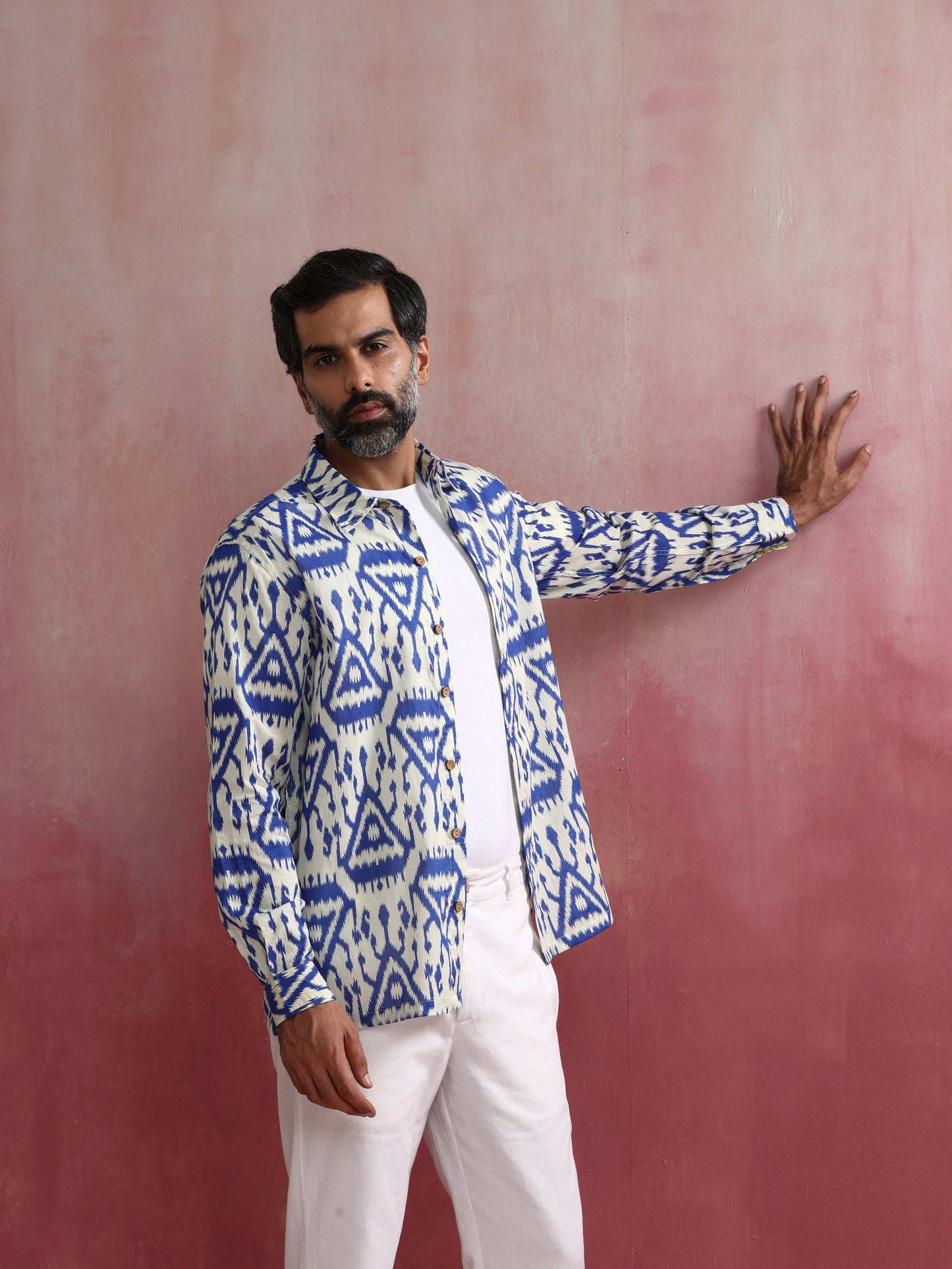 trueBrowns Men's Blue Ikat Print Cambric Shirt | Swadesiicart