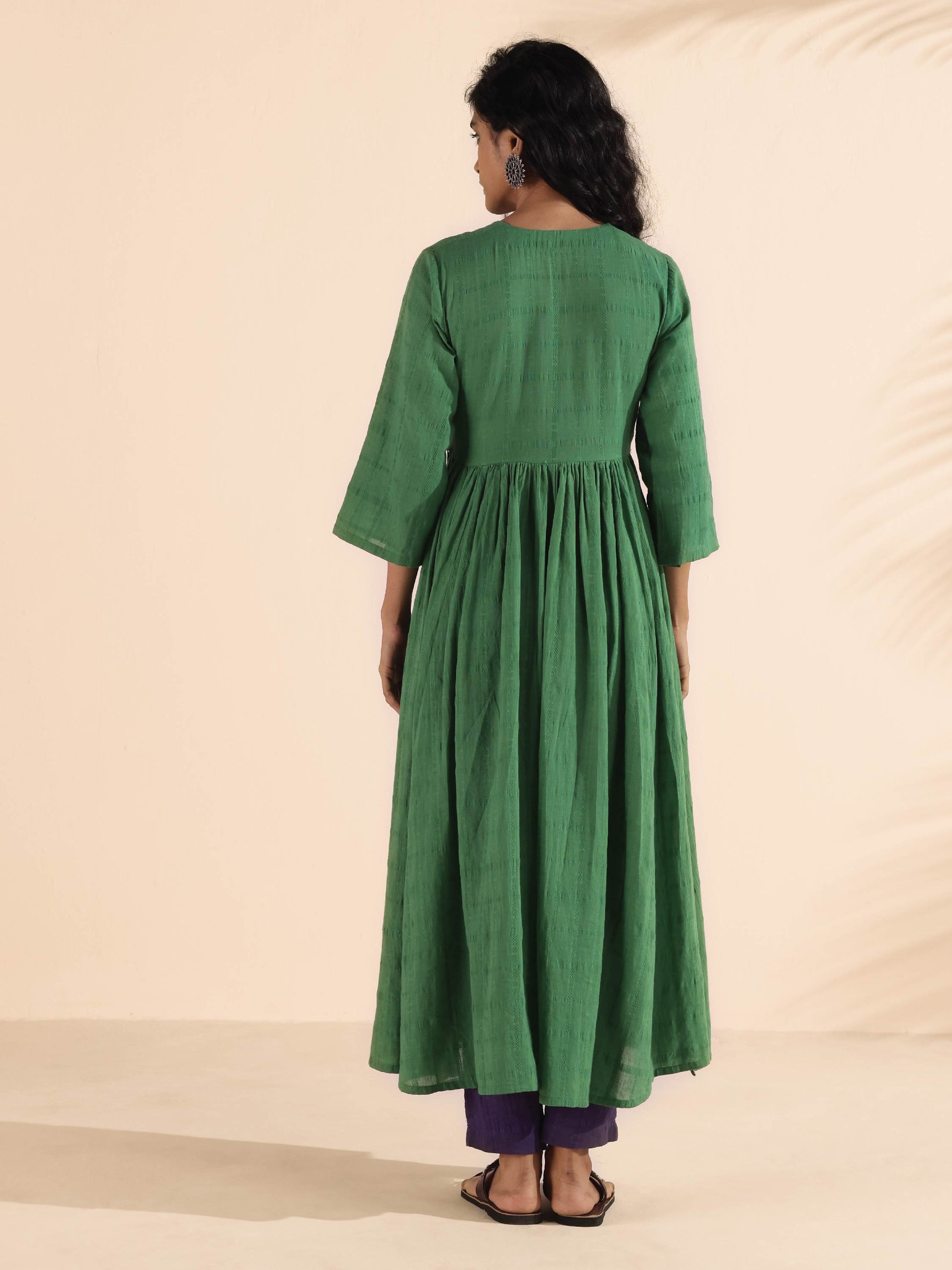 trueBrowns Green Cotton Dobby Flared Kurta Pant Set | Swadesiicart