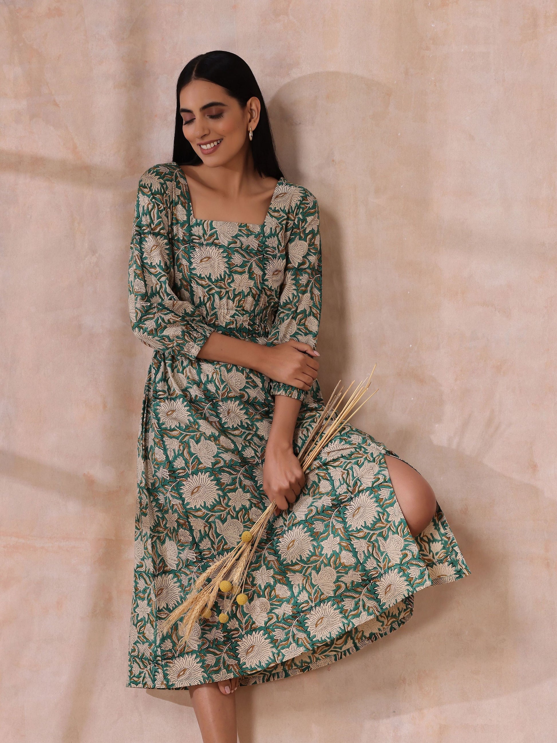 trueBrowns Fern Green Overall Floral Block Print Cotton Square Neck Dress | Swadesiicart