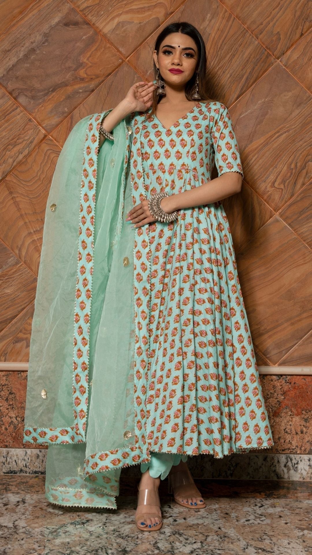 Pomcha Jaipur Lilly Of Valley Hand Block Anarkali Set | Swadesiicart