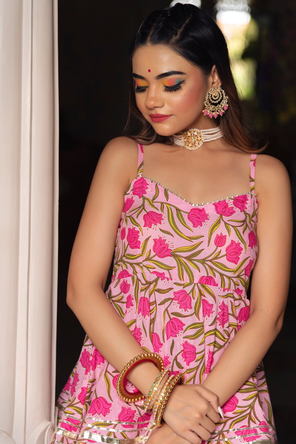 Pomcha Jaipur Nazakat Pink Cotton Hand Block Sharara Set | Swadesiicart