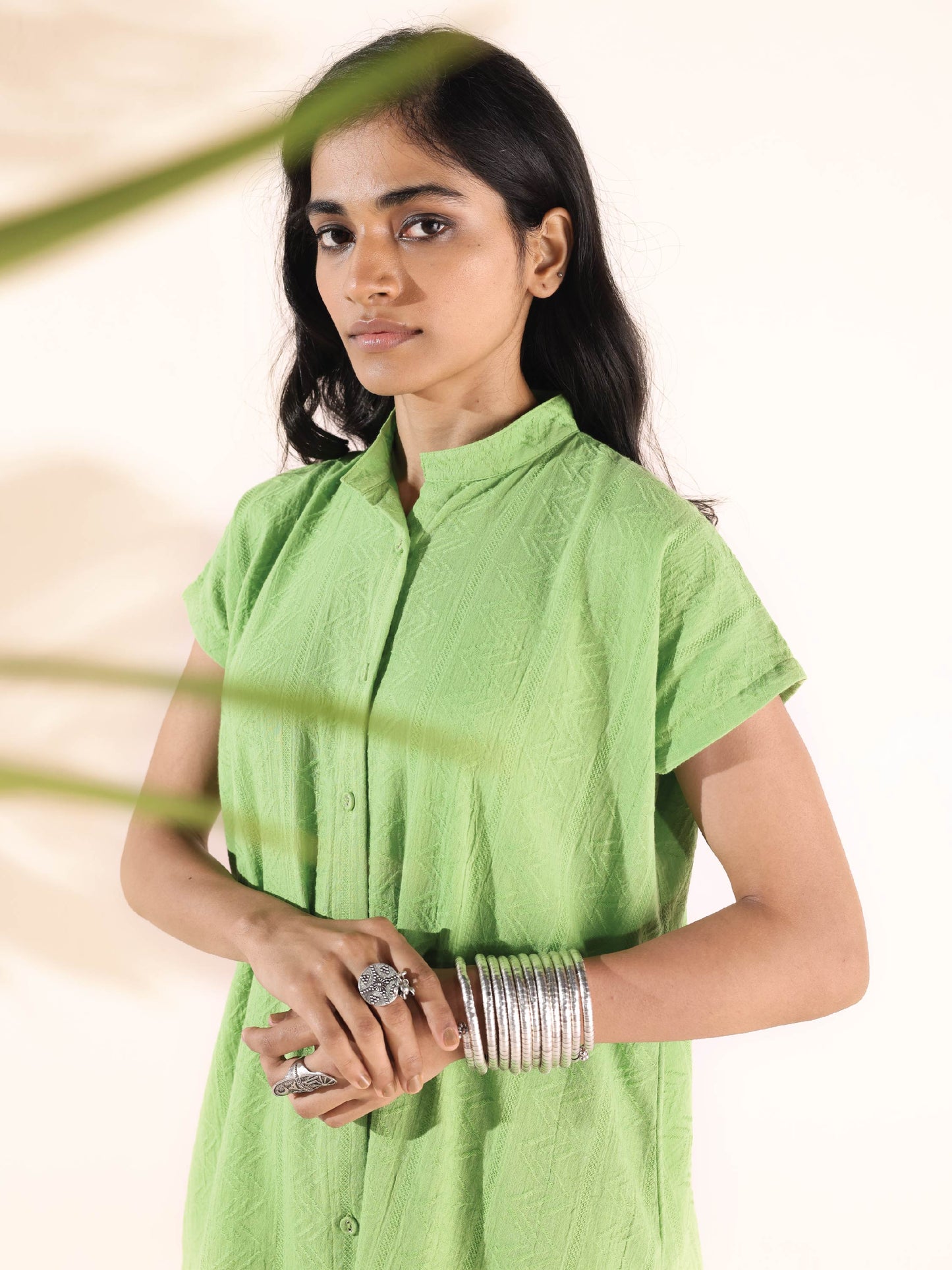 trueBrowns Green Cotton Dobby Shirt Co-ord Set - Swadesiicart
