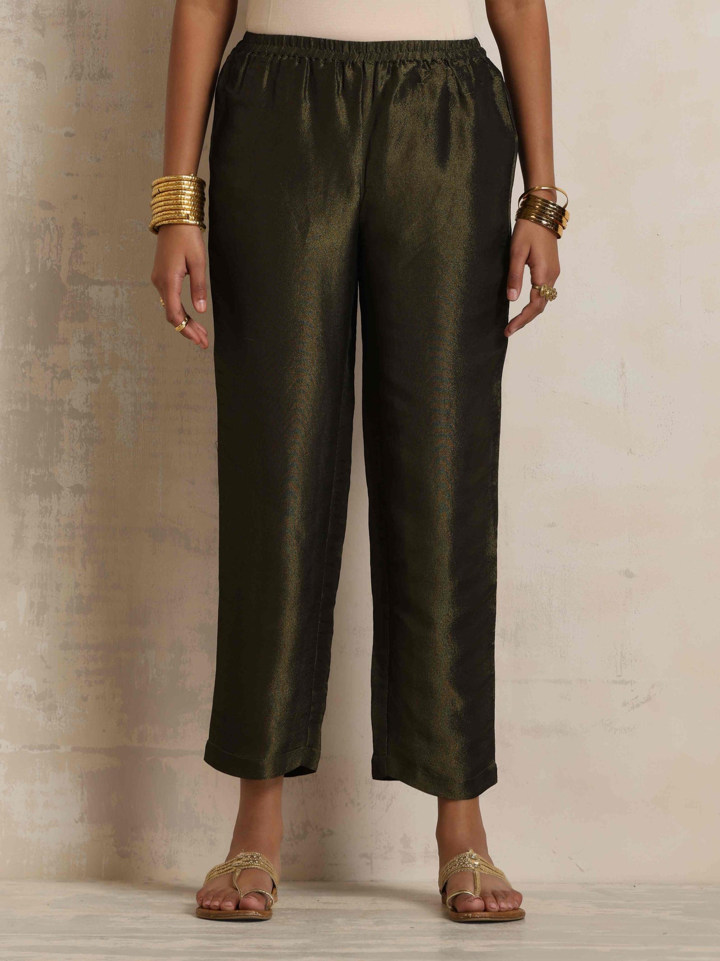 trueBrowns Olive Green Tissue Kurta Co-ord Set - Swadesiicart
