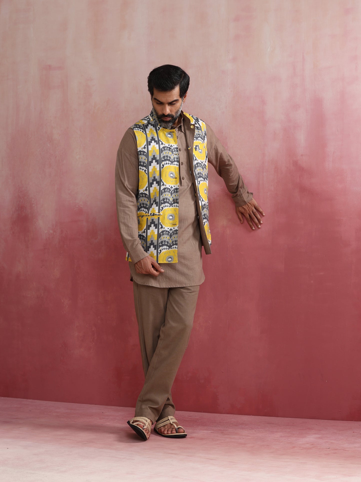 trueBrowns Men's Grey Ikat Print Cotton Reversible Nehru Jacket | Swadesiicart