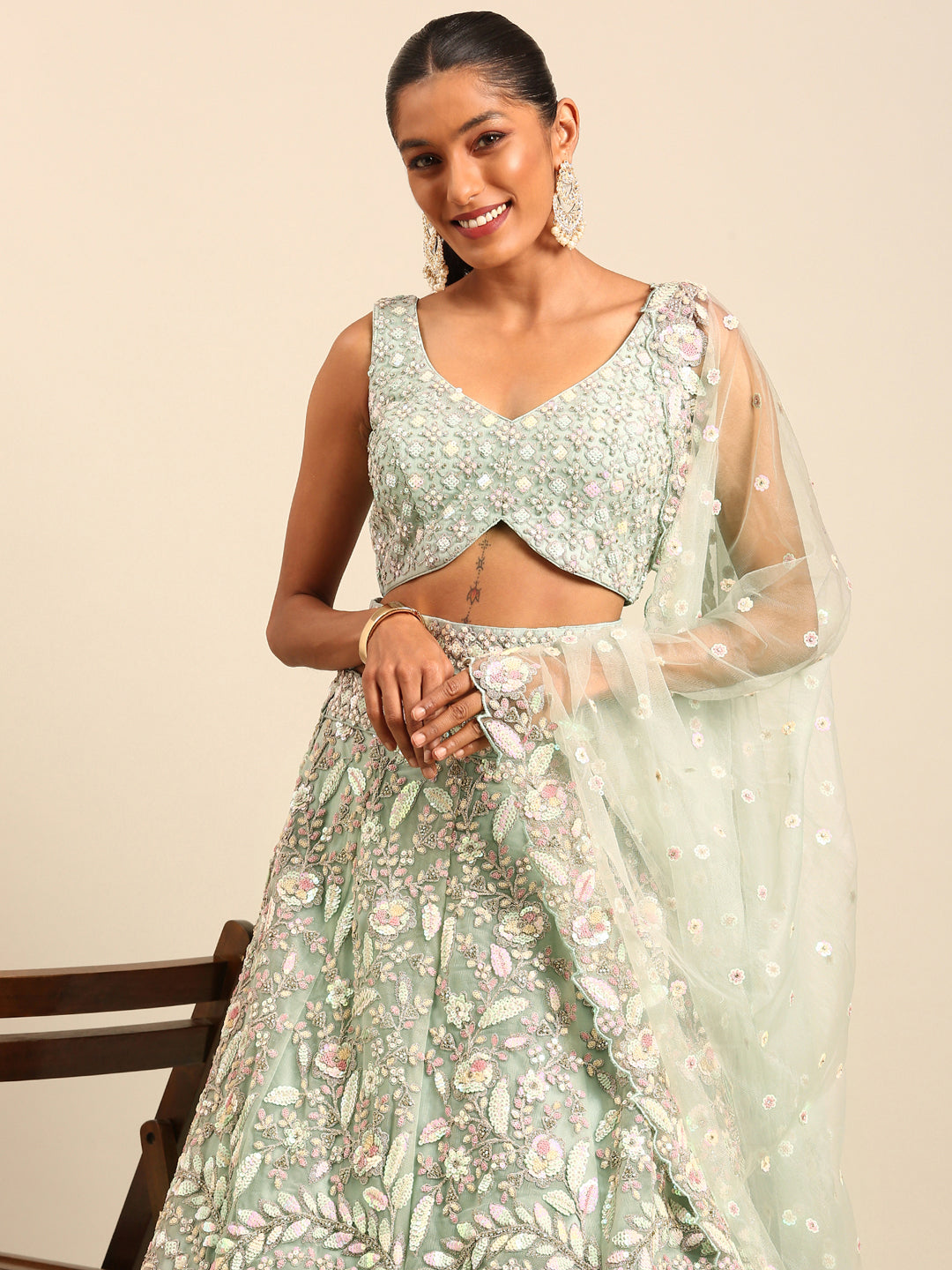 House of Panchhi Sea green Net Multi Sequins with heavy Zarkan embroidery Lehenga choli & Dupatta | Swadesiicart