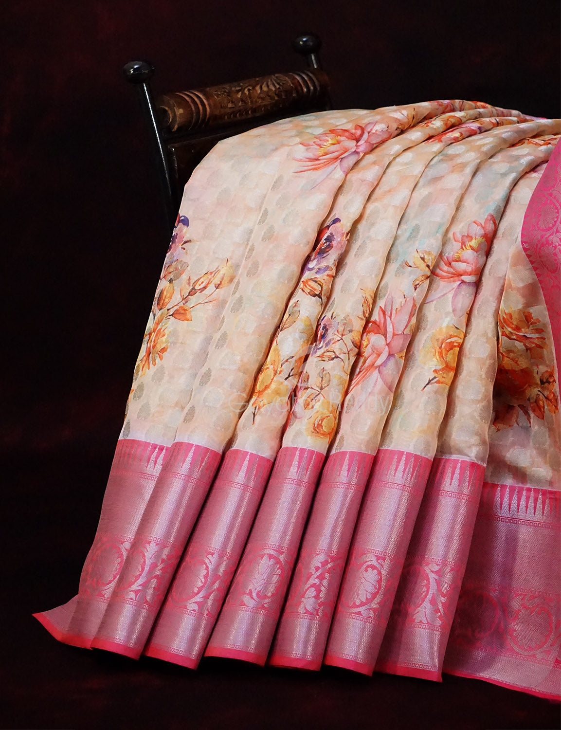 Pastel Wheat Banaras Border Buttes Floral Design Banarasi Semi Silk Saree By Gayathri Reddy Designer Studio | Swadesiicart