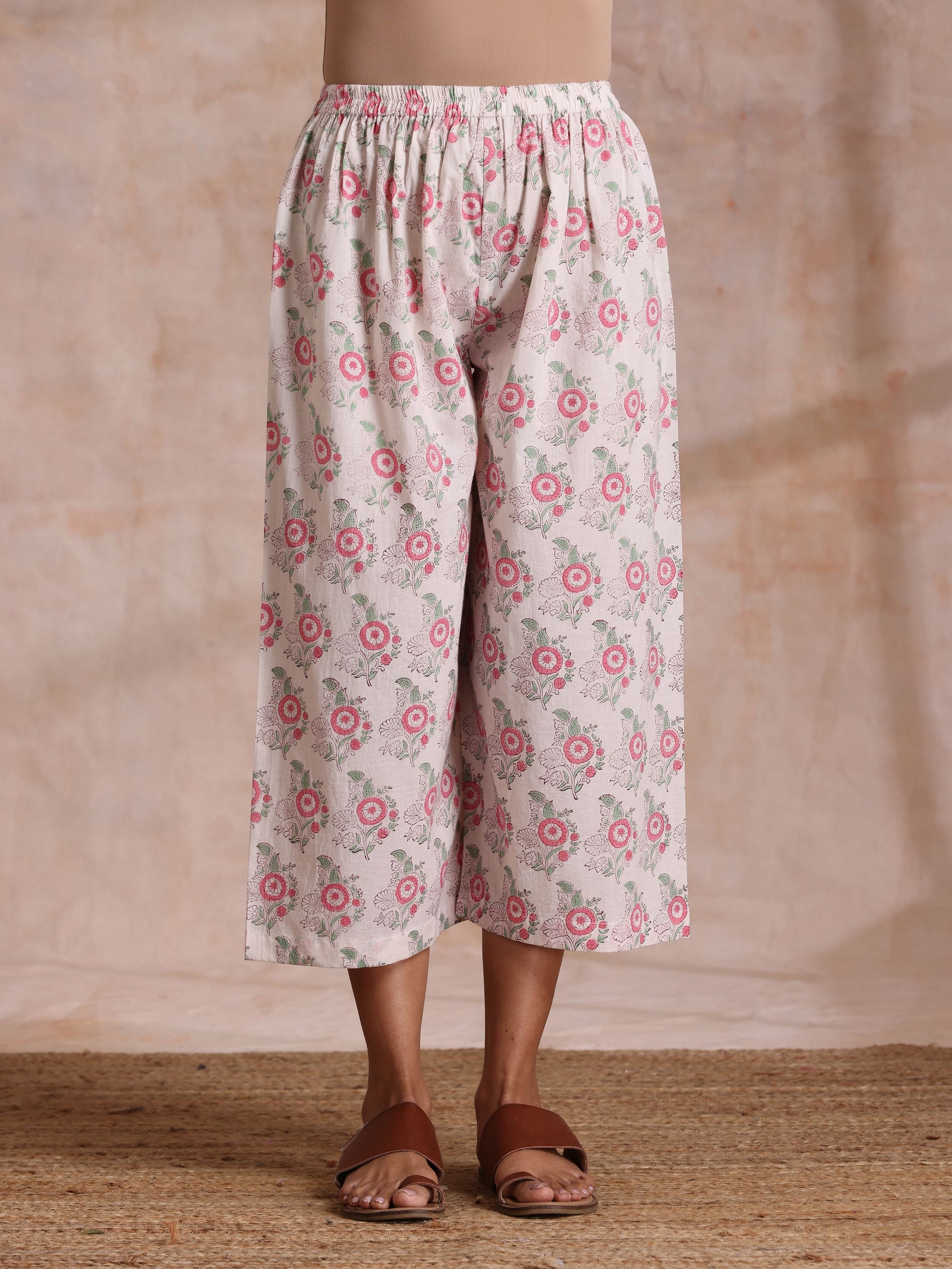 trueBrowns Pink Green Buta On White Block Print Cotton High-Low Co-Ord Set - Swadesiicart