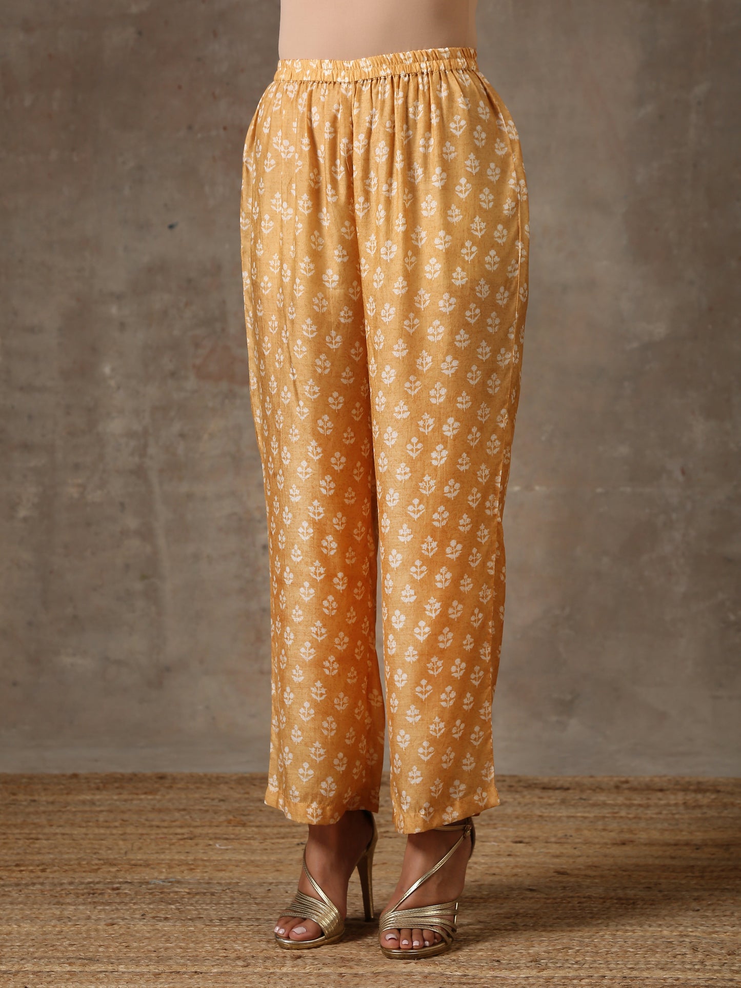 trueBrowns Beige White Flared Printed Silk Kurta Pant Set | Swadesiicart